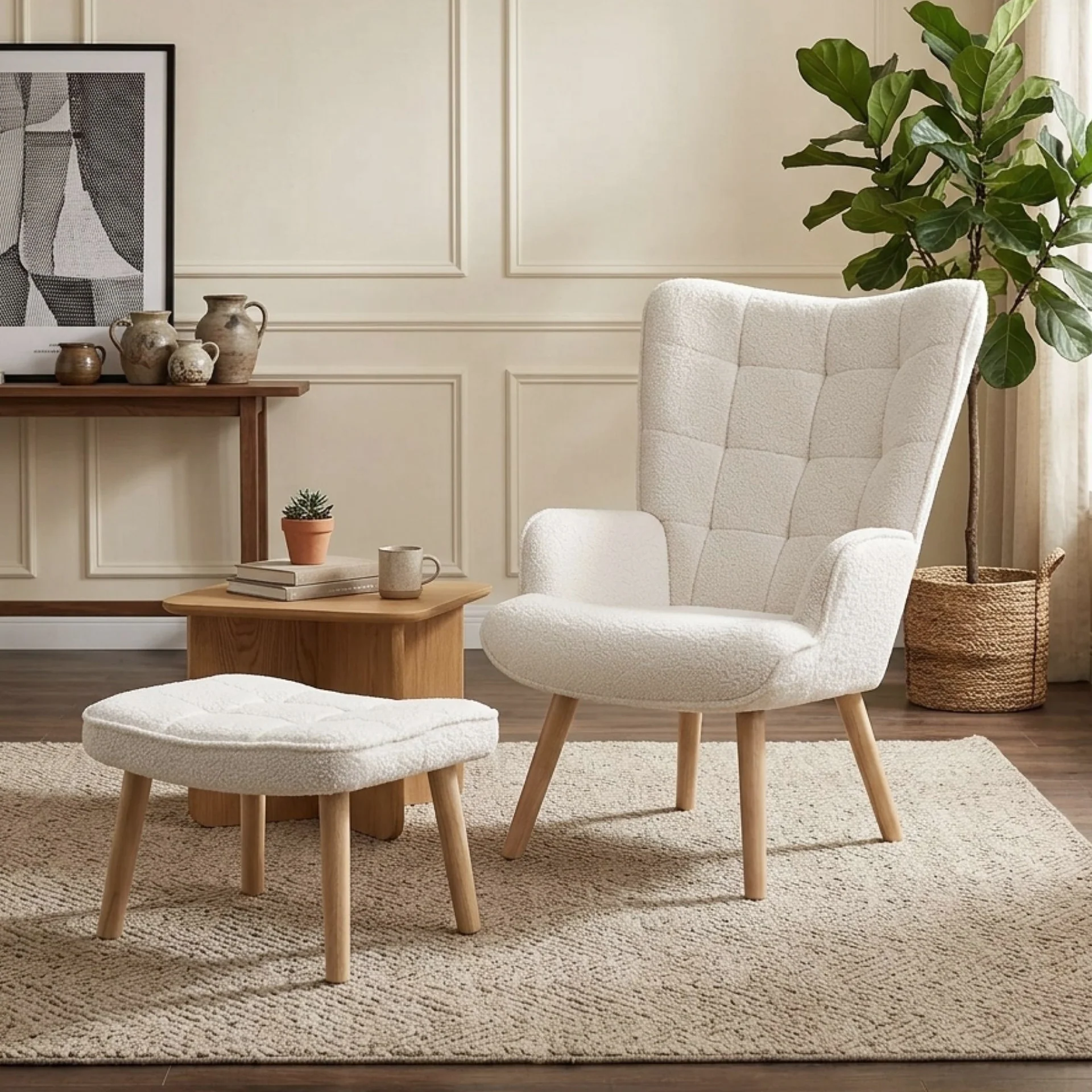Emma Boucle Armchair with Ottoman - White