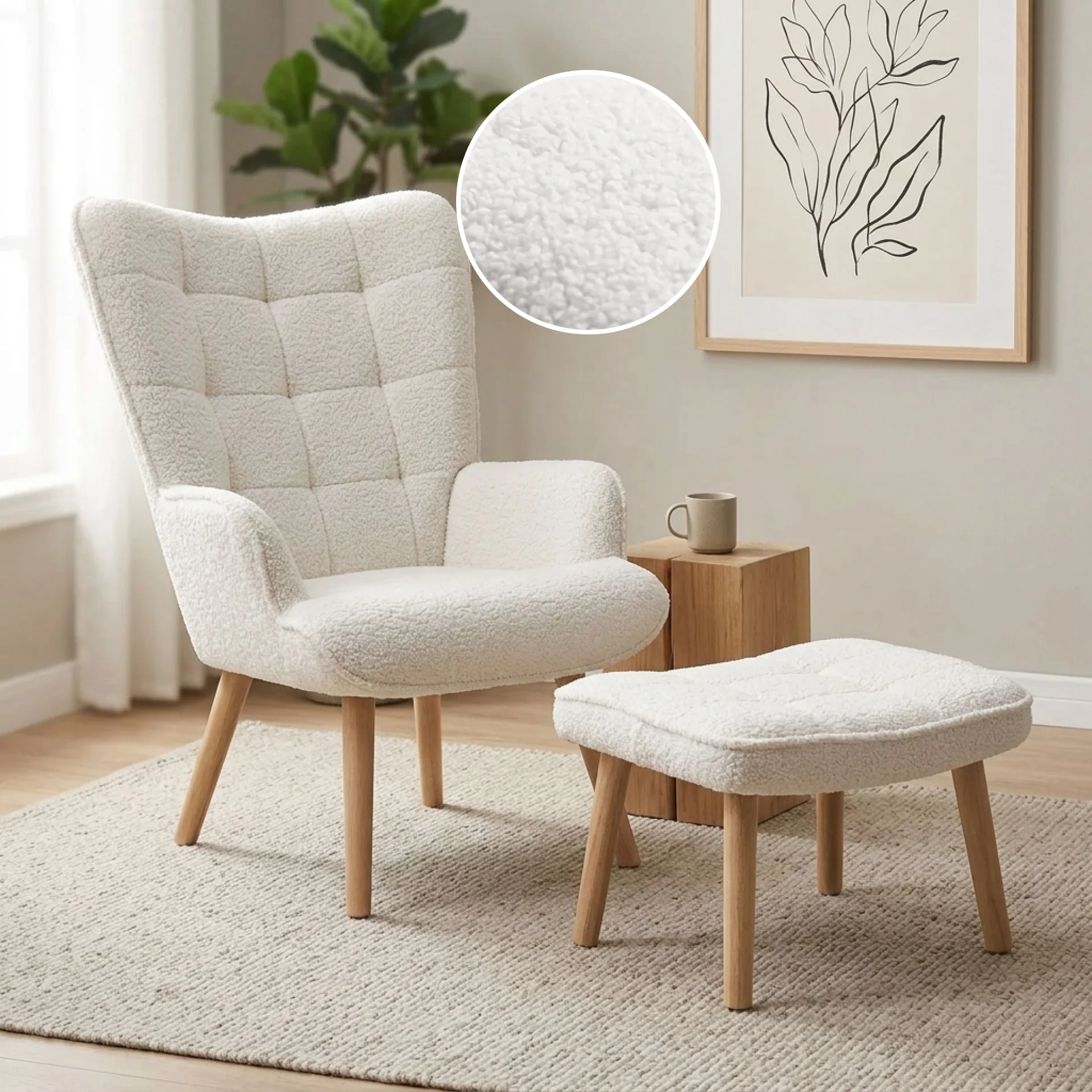 Emma Boucle Armchair with Ottoman - White - Image 2