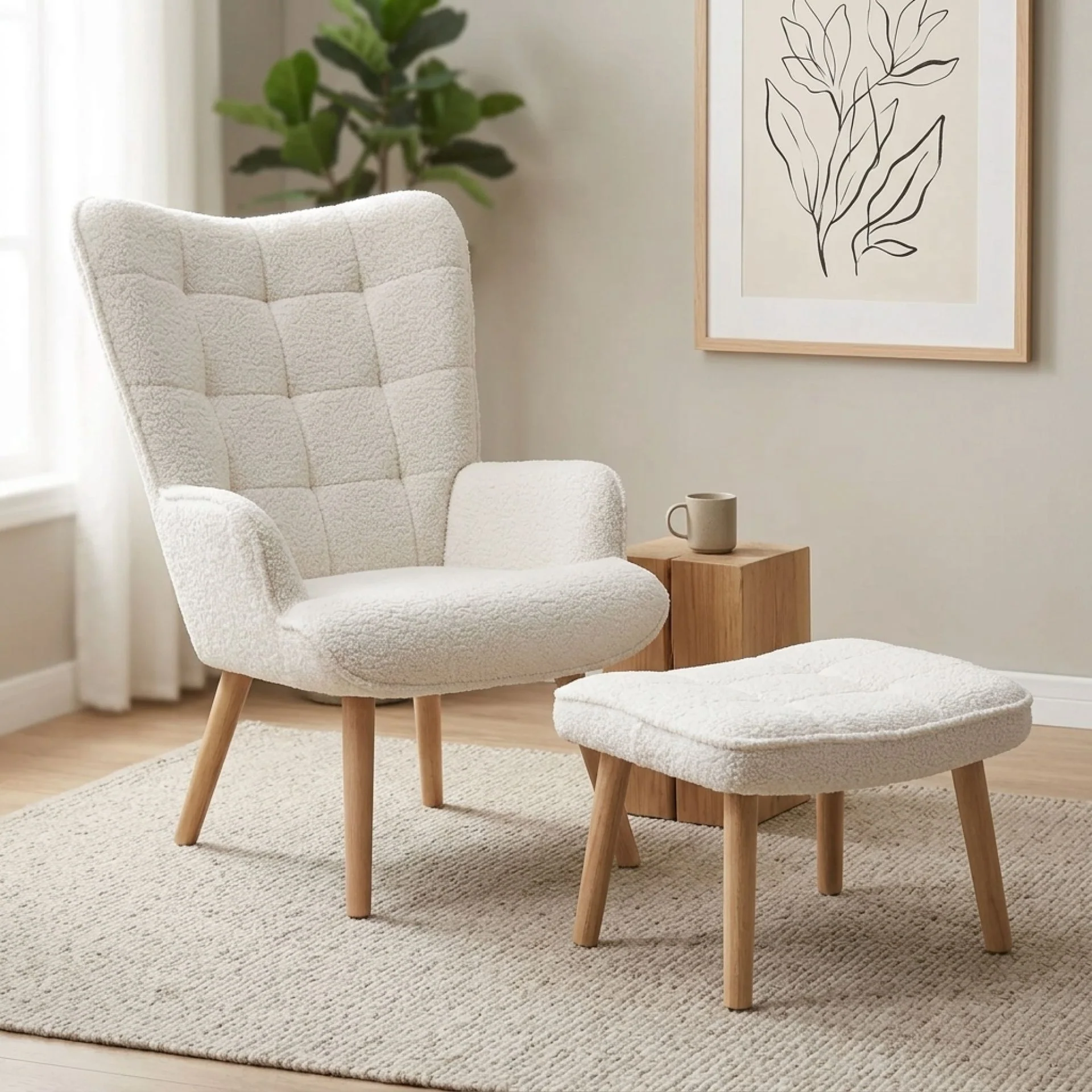 Emma Boucle Armchair with Ottoman - White - Image 6