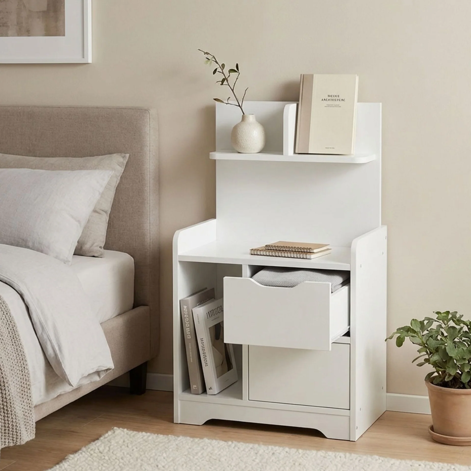 Finn Bedside Table with Shelves - White - Image 2