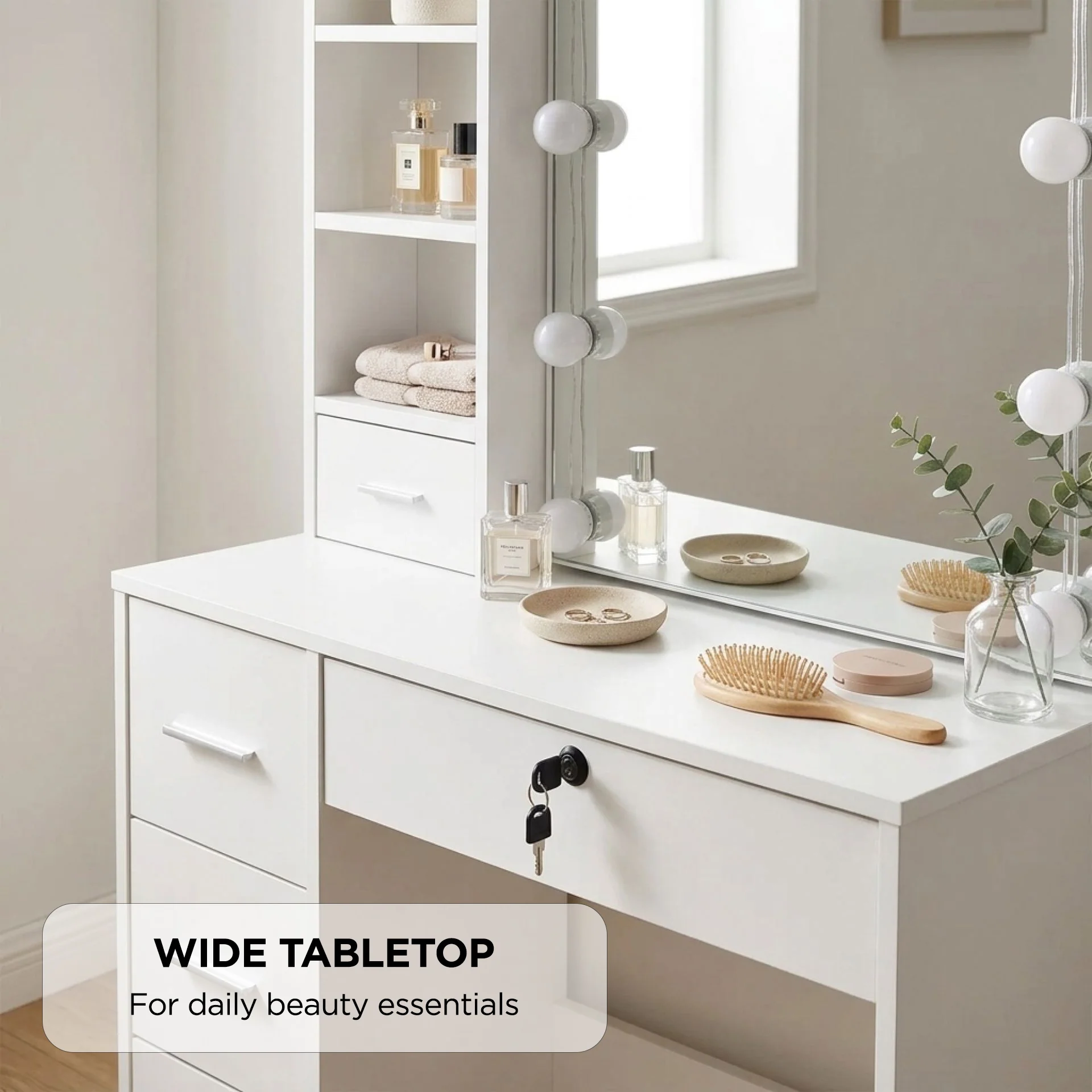 Freesia 2 Piece Dressing Table with Mirror & Stool Set - White - Image 5