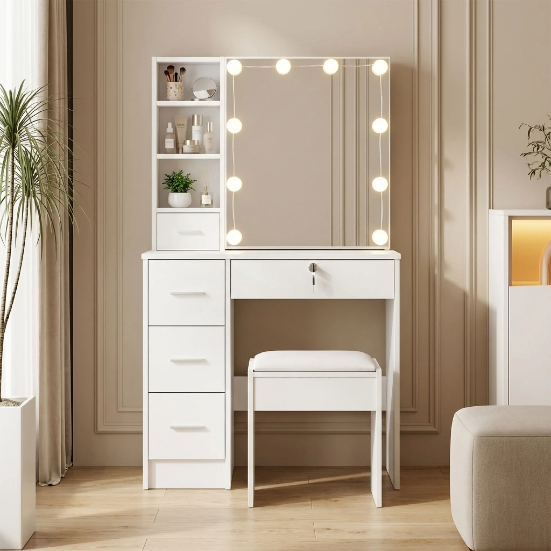 Freesia 2 Piece Dressing Table with Mirror & Stool Set - White - Image 7