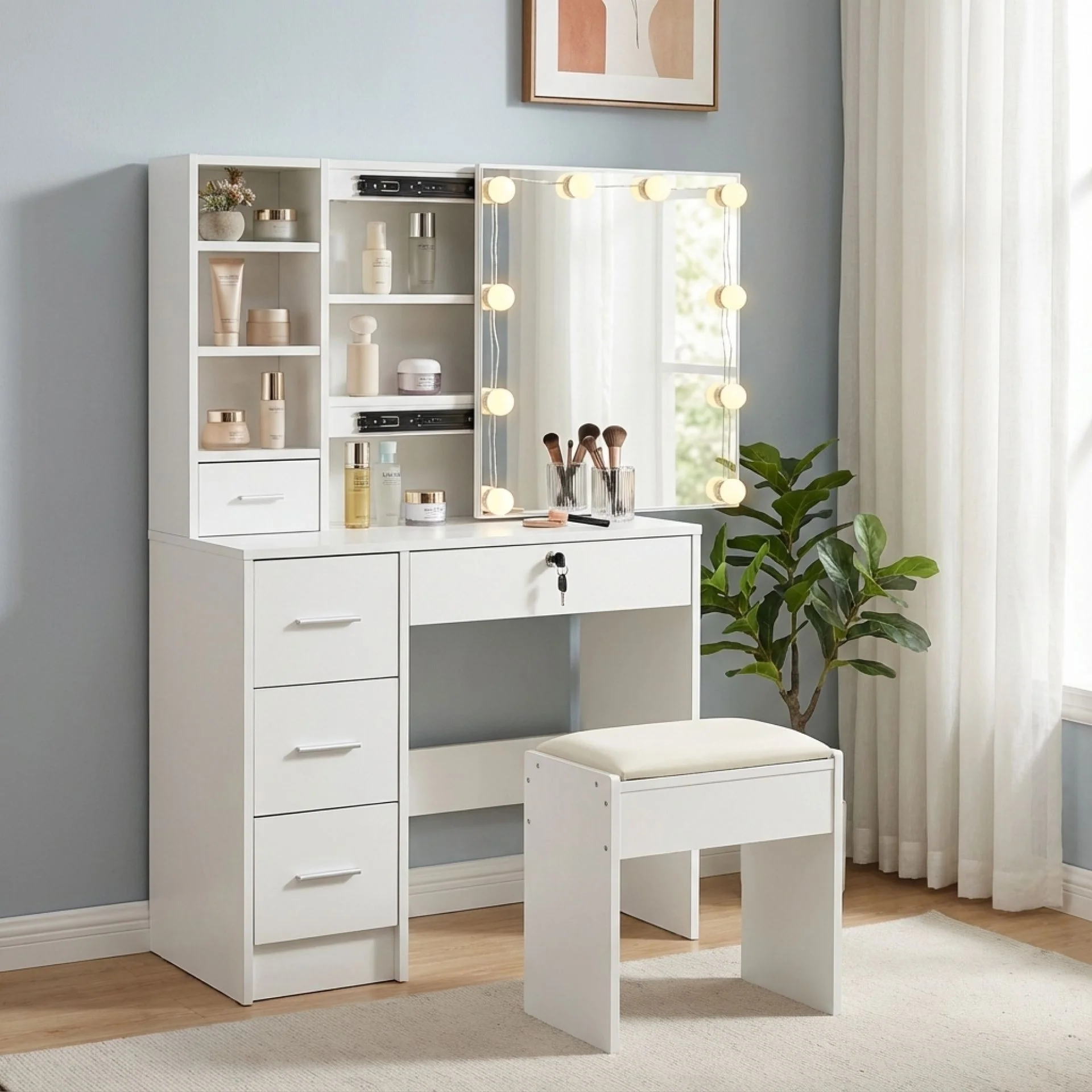 Freesia 2 Piece Dressing Table with Mirror & Stool Set - White - Image 9