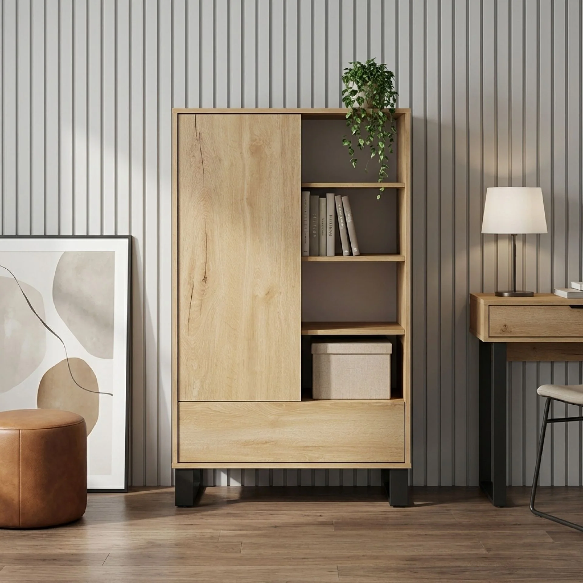 Frohna Bookshelf Cabinet with Drawer - Oak - Image 5