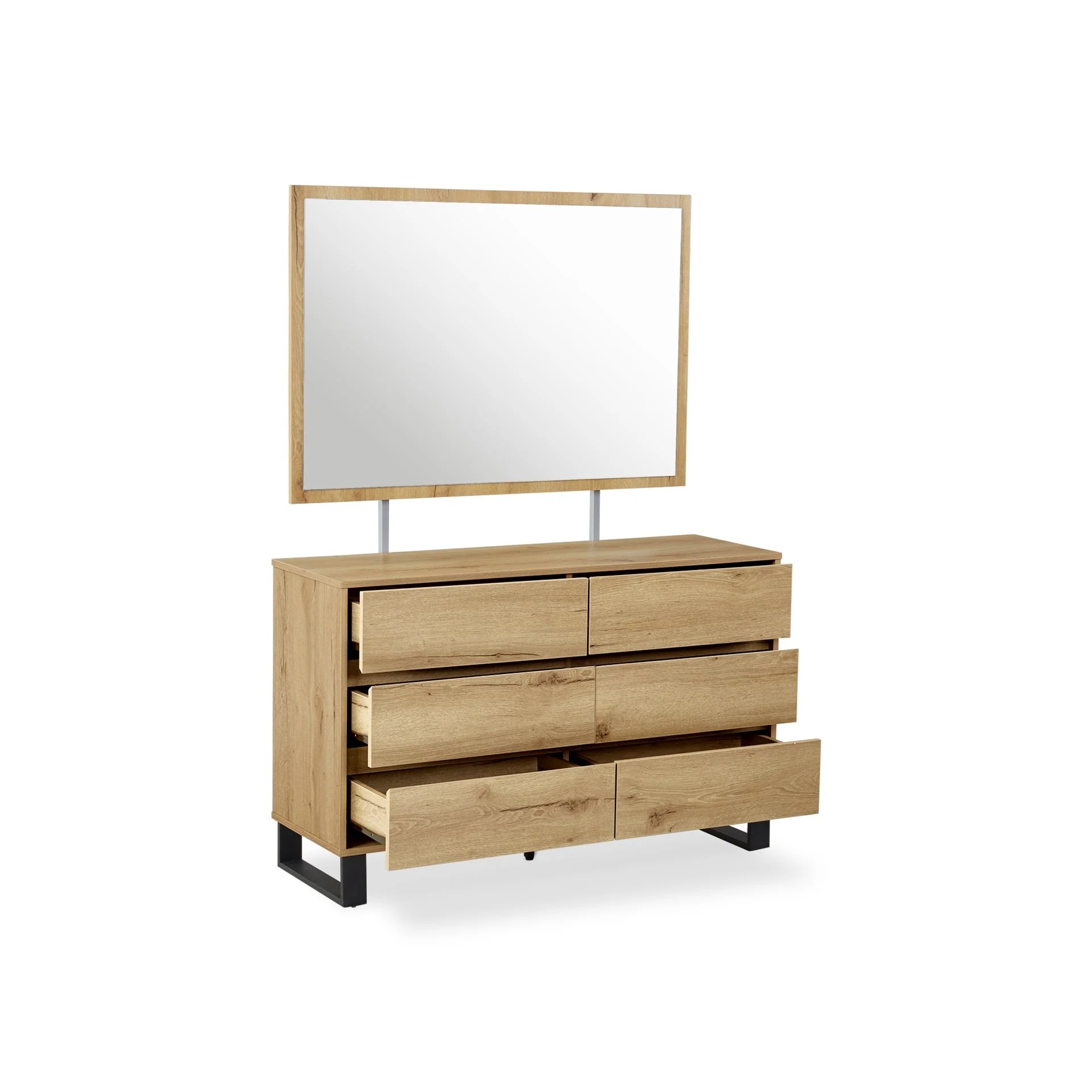 Frohna Low Boy 6 Drawers Chest Dresser with Mirror - Oak - Image 10