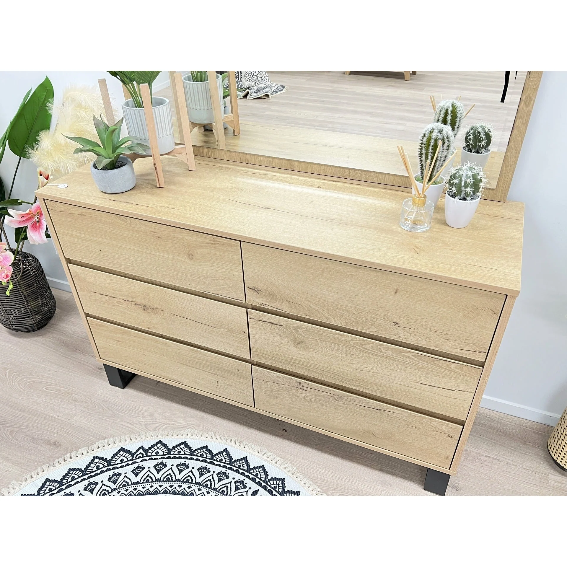 Frohna Low Boy 6 Drawers Chest Dresser with Mirror - Oak - Image 11
