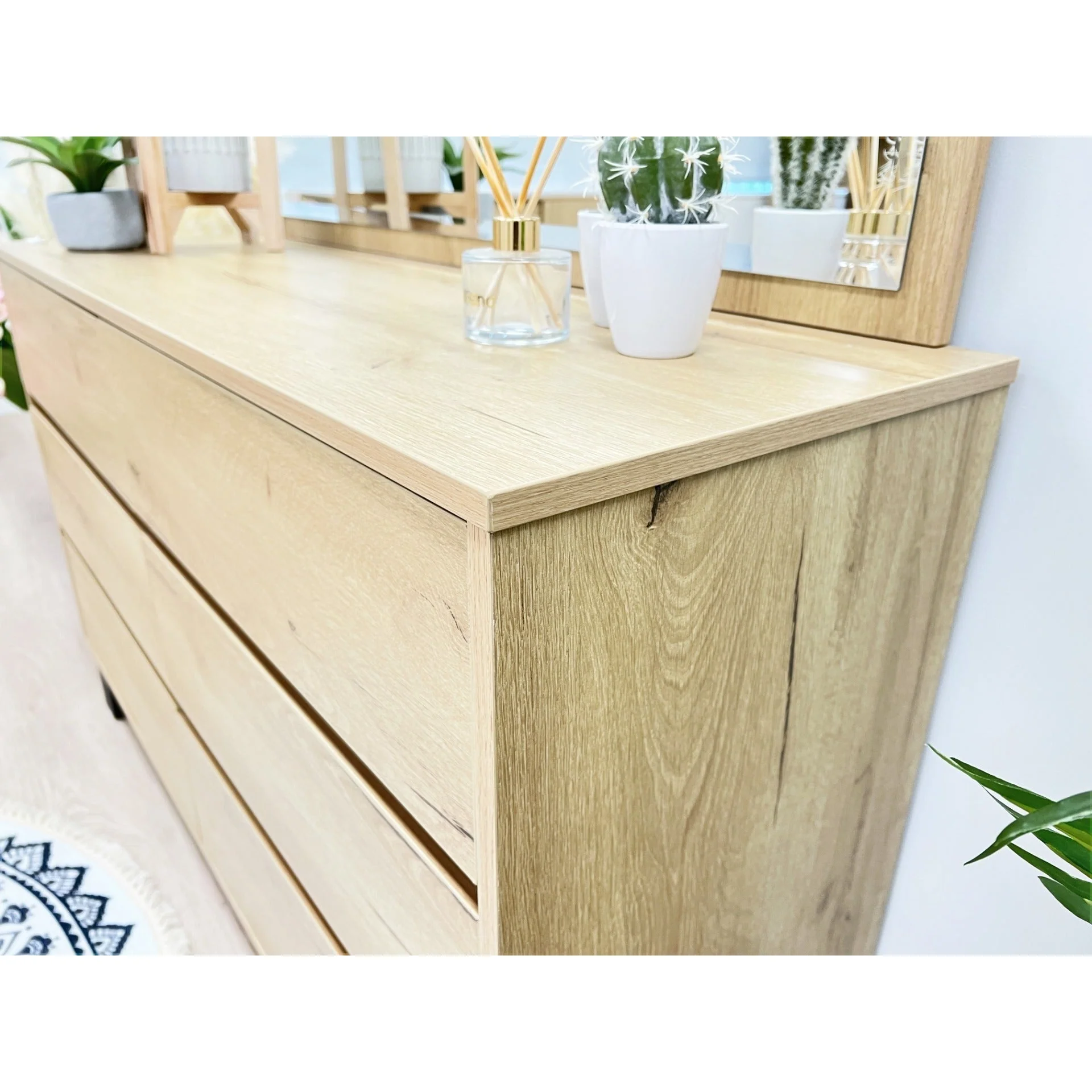 Frohna Low Boy 6 Drawers Chest Dresser with Mirror - Oak - Image 12