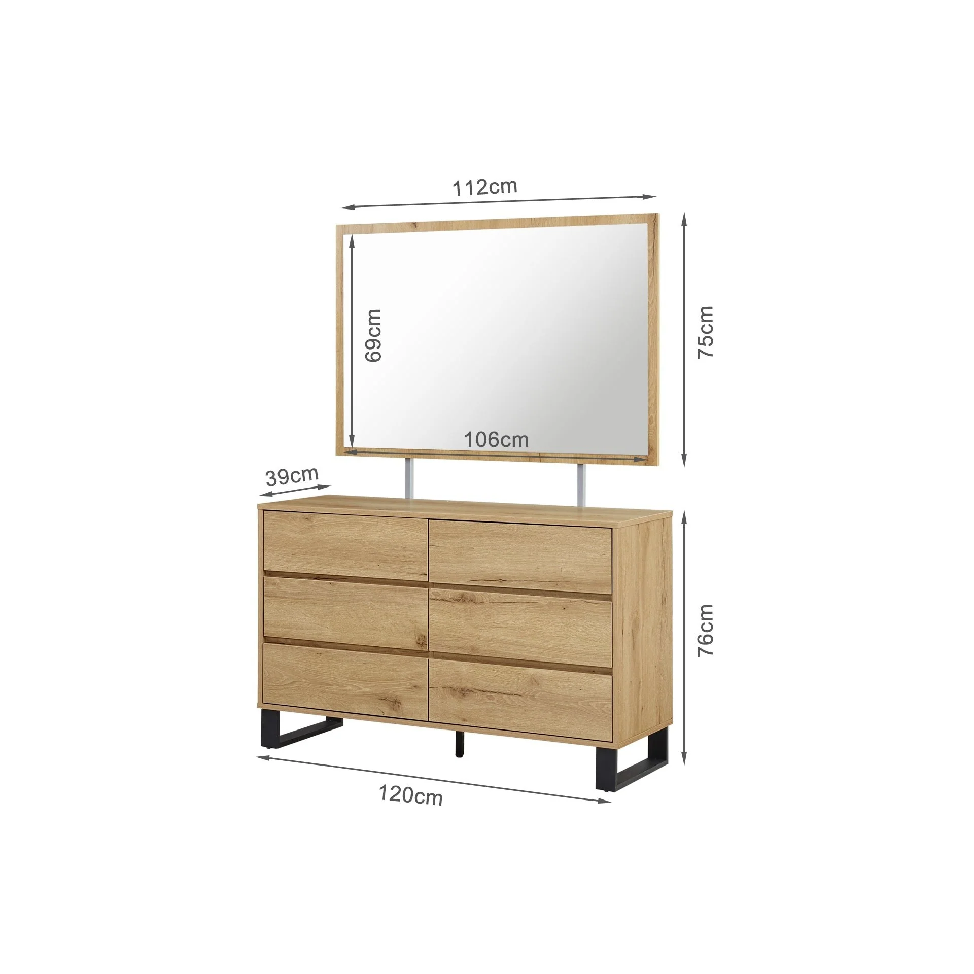 Frohna Low Boy 6 Drawers Chest Dresser with Mirror - Oak - Image 18