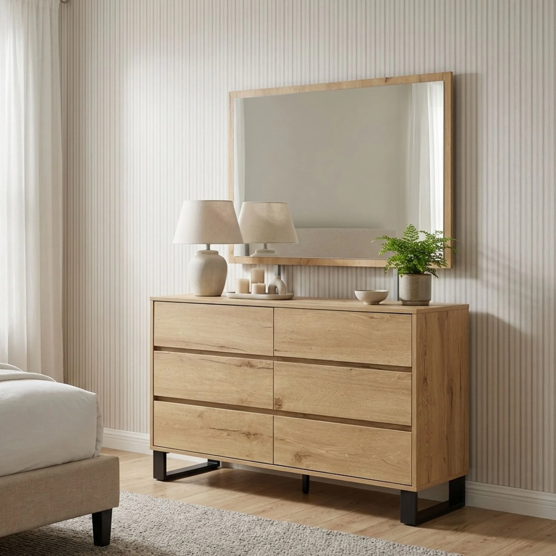 Frohna Low Boy 6 Drawers Chest Dresser with Mirror - Oak - Image 3