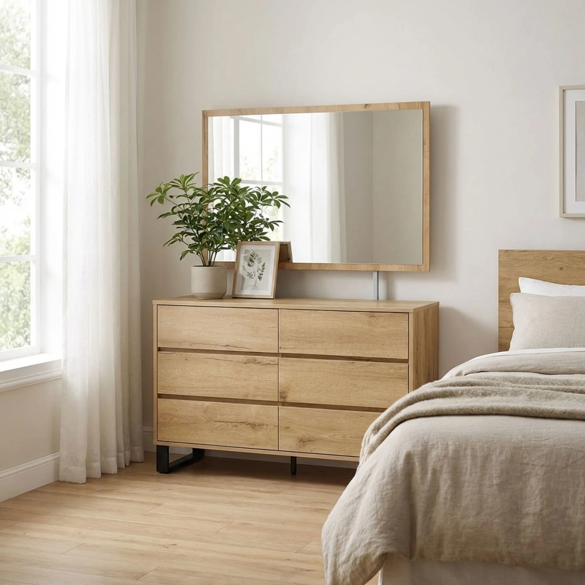Frohna Low Boy 6 Drawers Chest Dresser with Mirror - Oak - Image 4