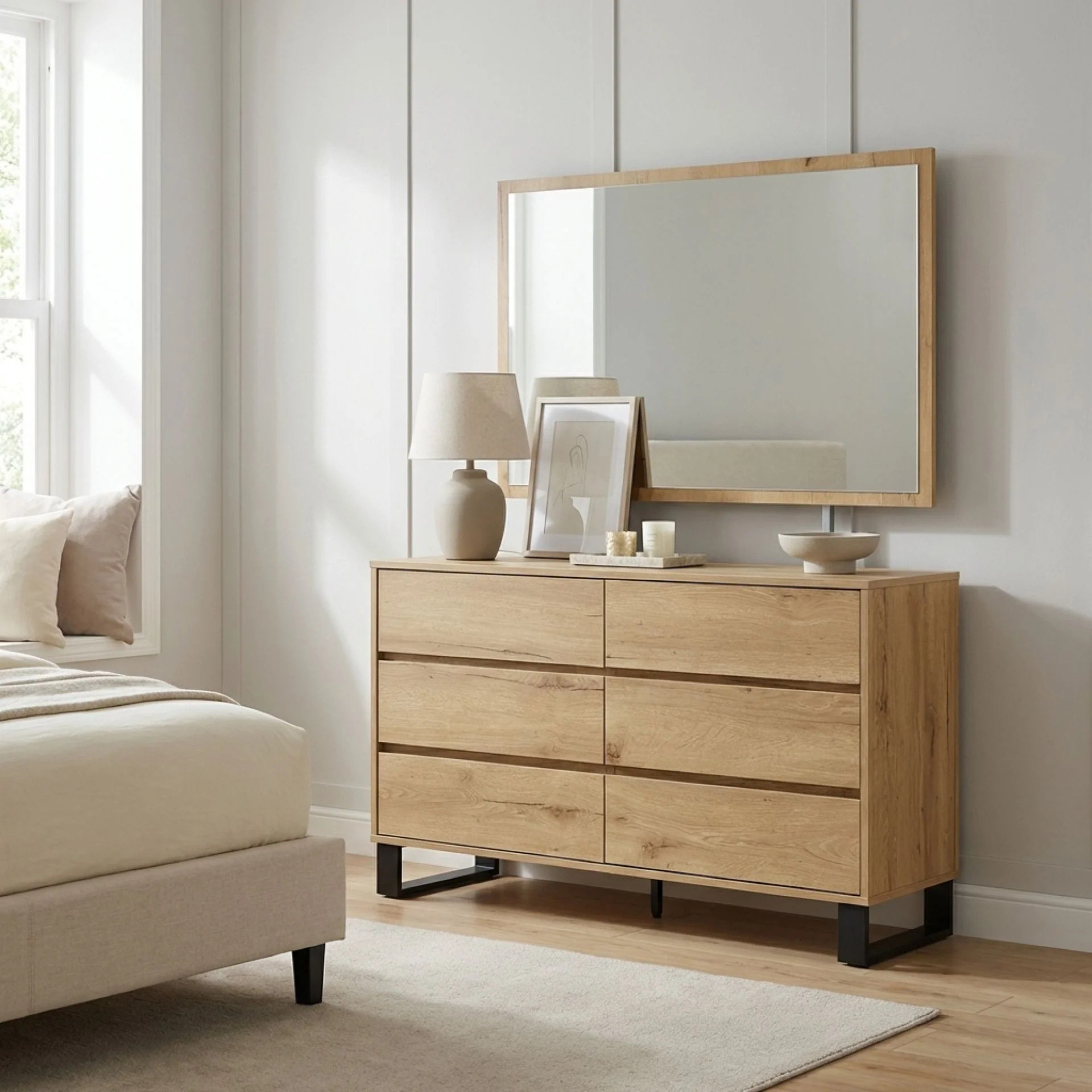 Frohna Low Boy 6 Drawers Chest Dresser with Mirror - Oak - Image 5