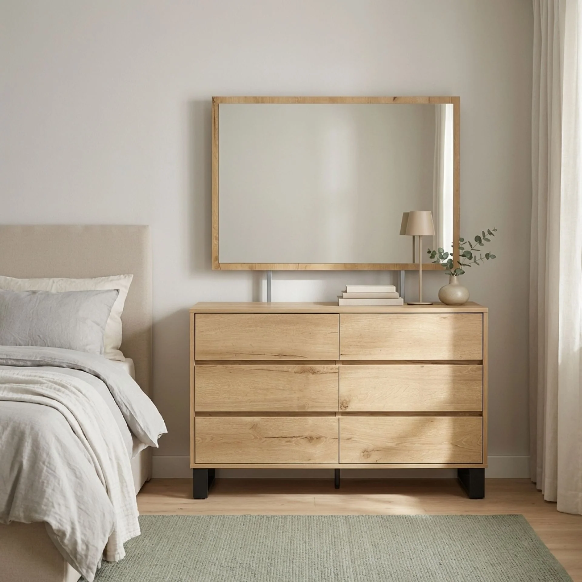Frohna Low Boy 6 Drawers Chest Dresser with Mirror - Oak - Image 6
