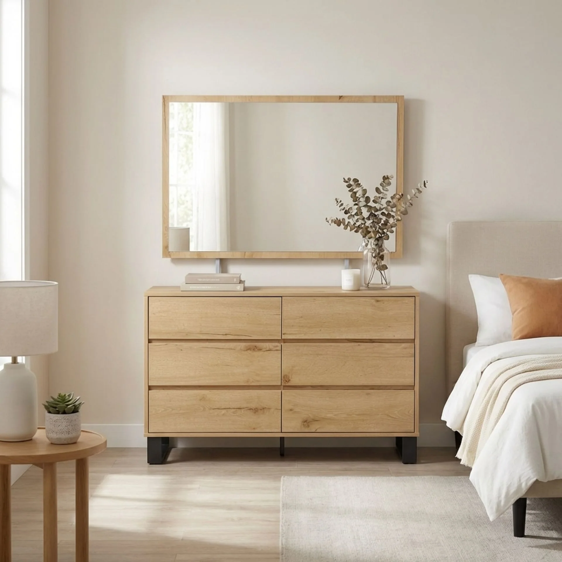 Frohna Low Boy 6 Drawers Chest Dresser with Mirror - Oak - Image 7