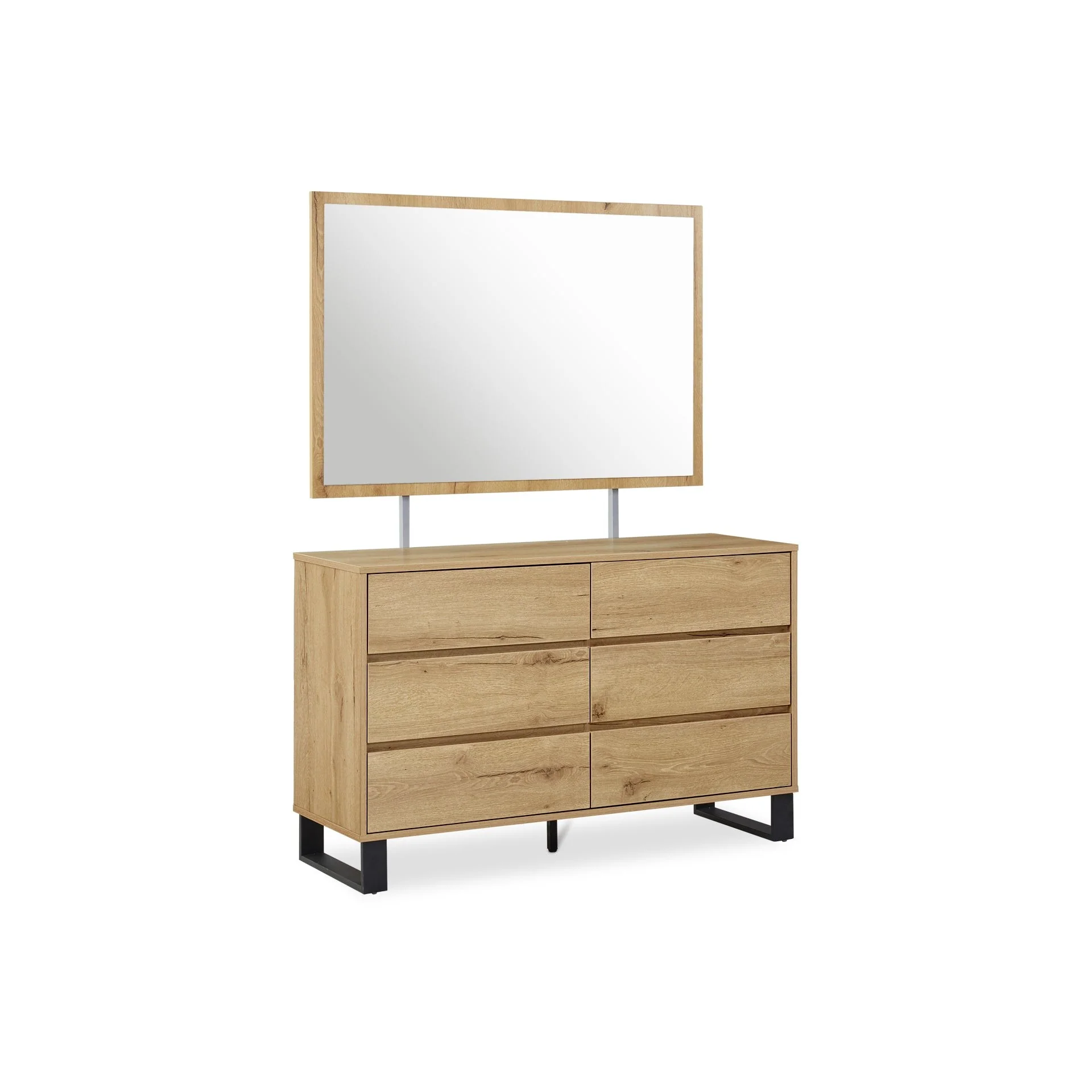 Frohna Low Boy 6 Drawers Chest Dresser with Mirror - Oak - Image 8