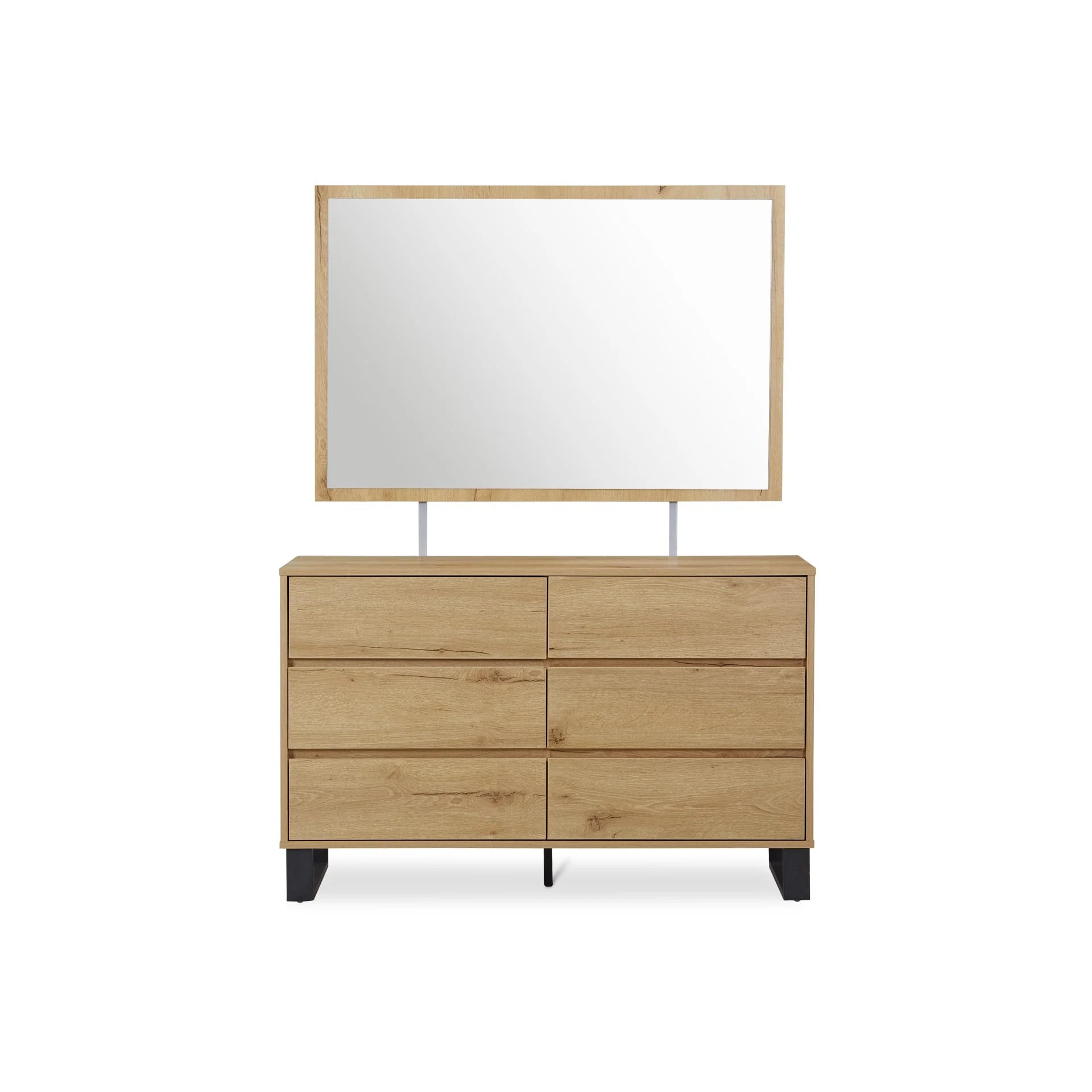 Frohna Low Boy 6 Drawers Chest Dresser with Mirror - Oak - Image 9
