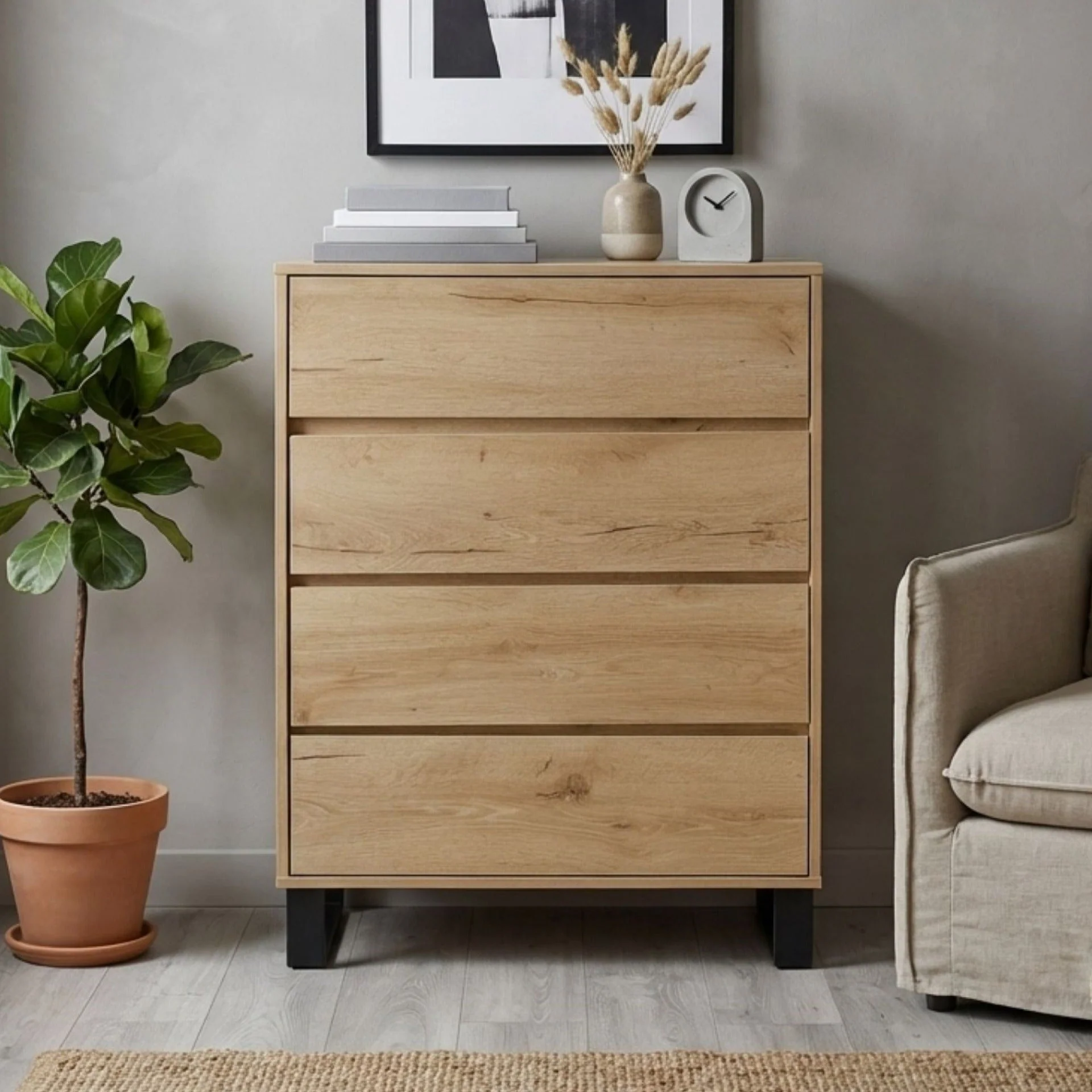 Frohna Tallboy 4 Drawer Chest Dresser - Oak - Image 3