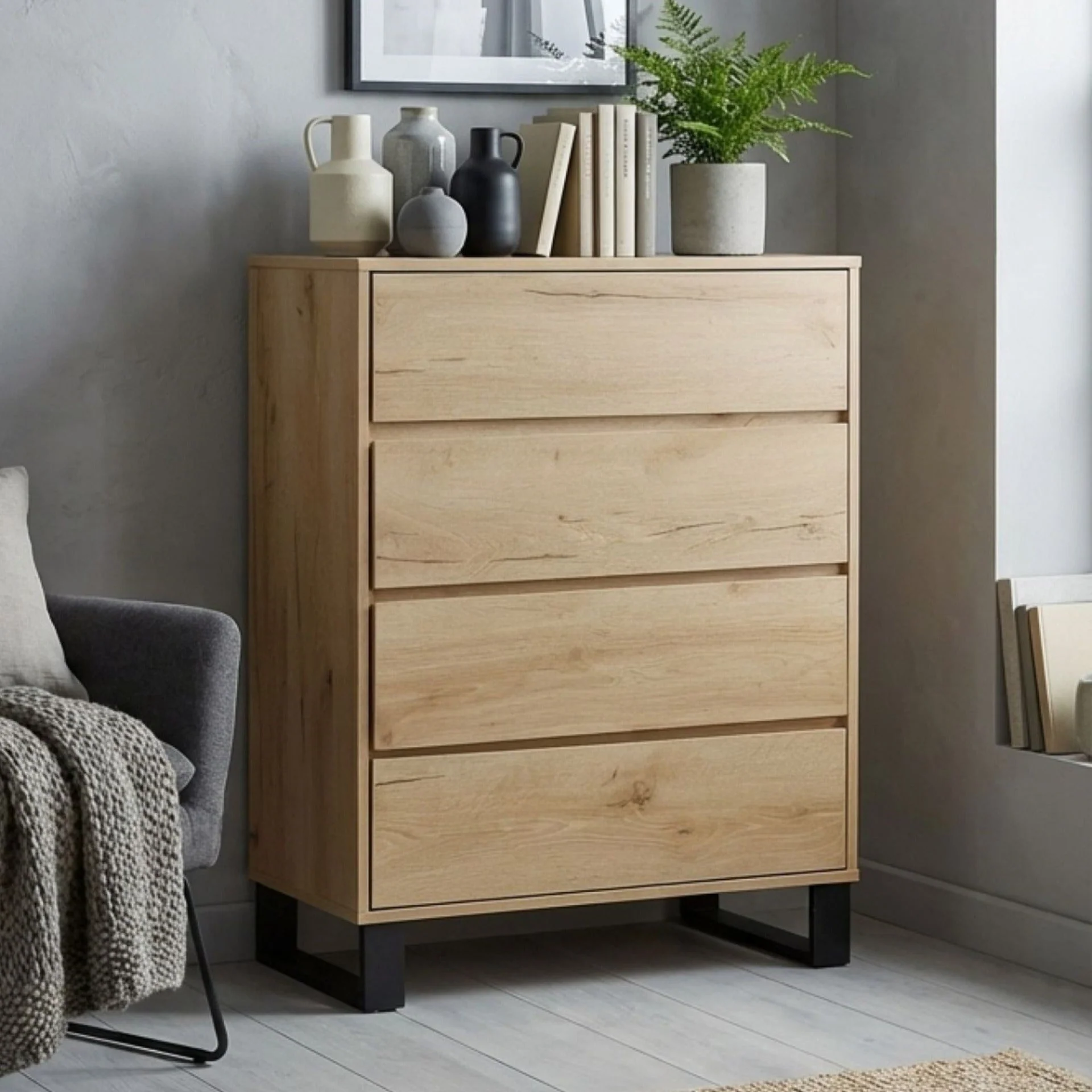 Frohna Tallboy 4 Drawer Chest Dresser - Oak - Image 4