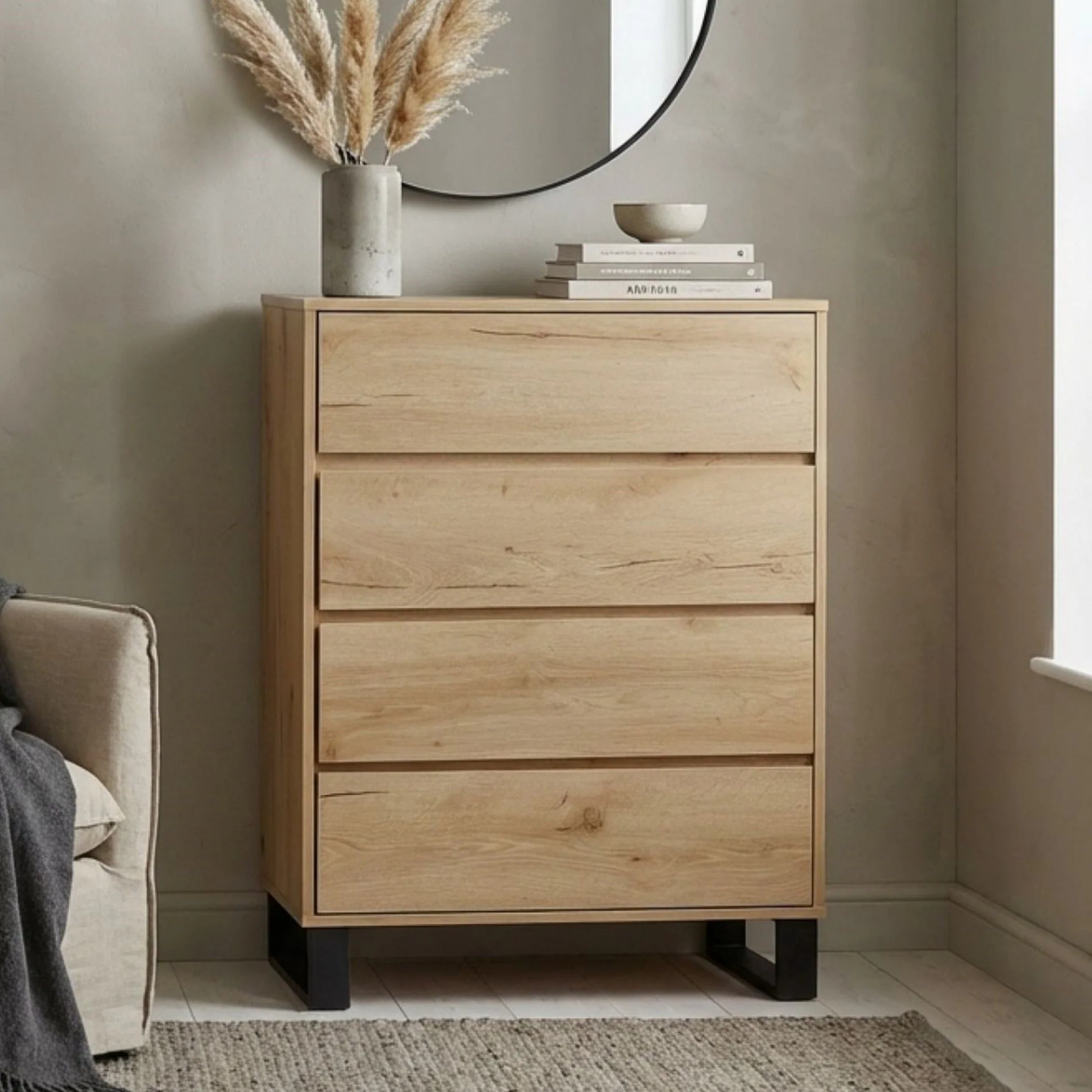 Frohna Tallboy 4 Drawer Chest Dresser - Oak - Image 5