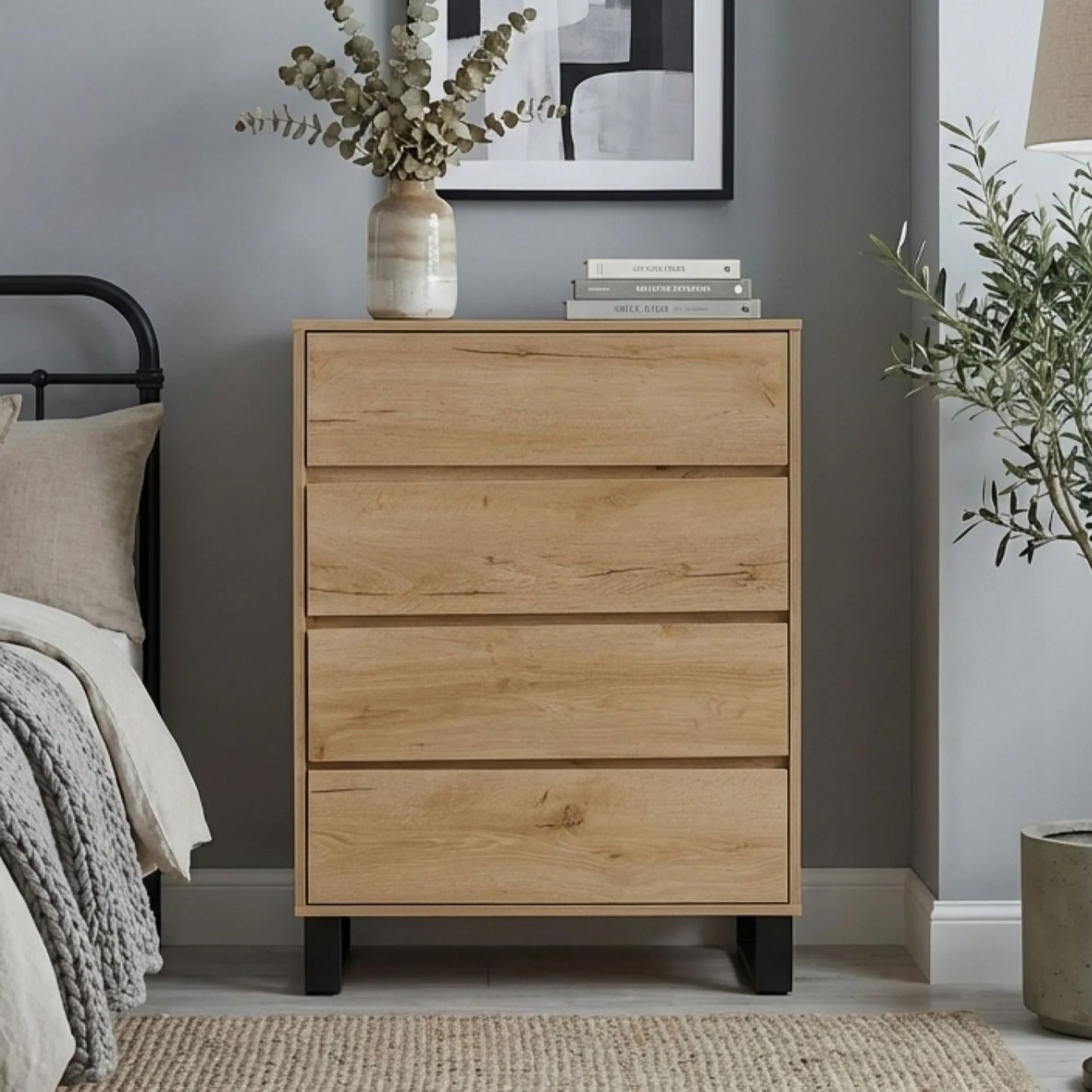 Frohna Tallboy 4 Drawer Chest Dresser - Oak - Image 7