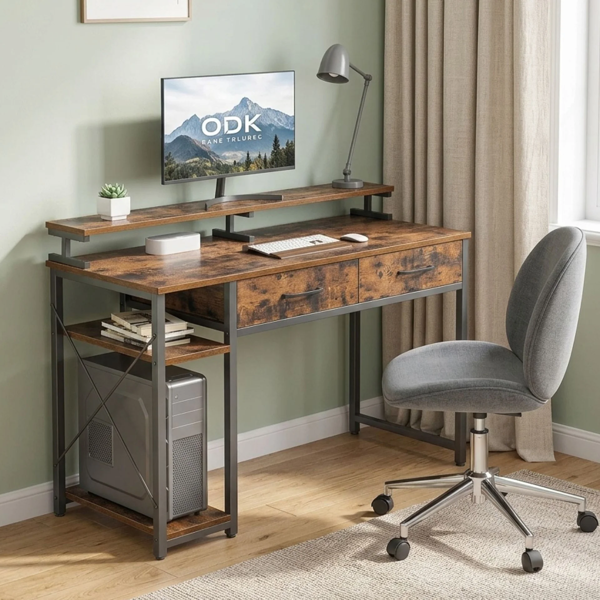 Gael 100cm Computer Desk with 2 Drawers - Rustic Brown