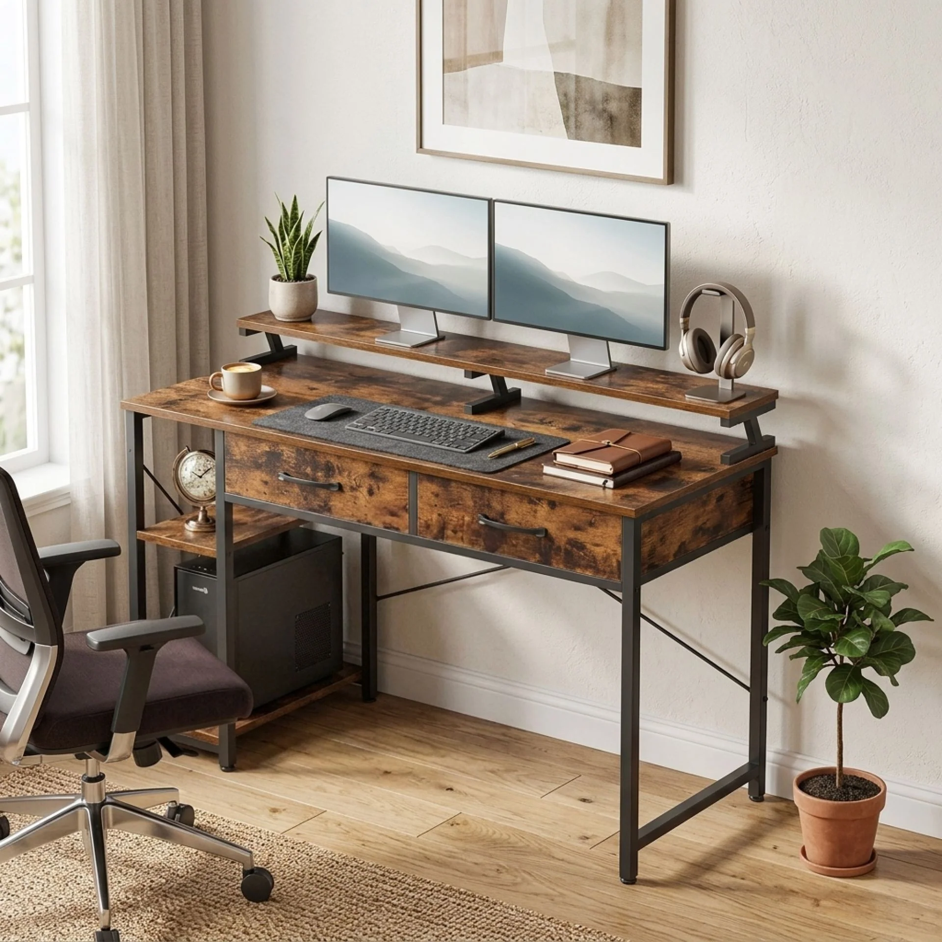 Gael 100cm Computer Desk with 2 Drawers - Rustic Brown - Image 4