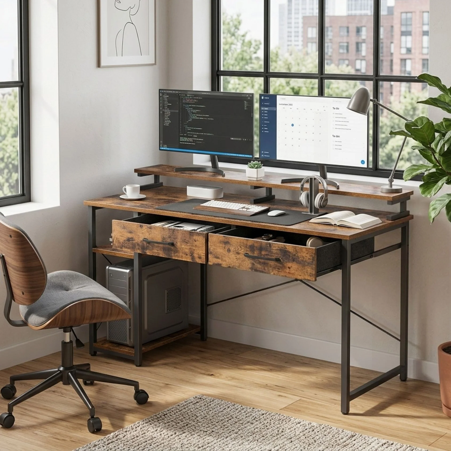Gael 100cm Computer Desk with 2 Drawers - Rustic Brown - Image 5
