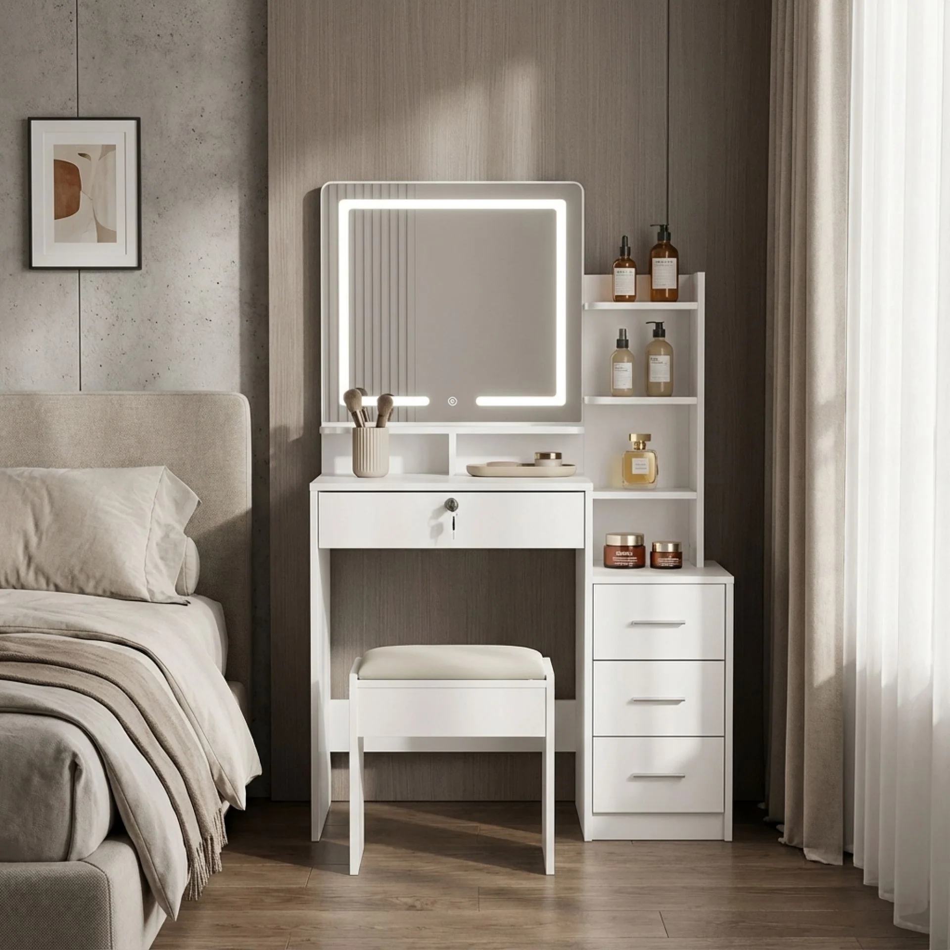 Gardenia 2 Piece Dressing Table with Mirror & Stool Set - White - Image 3