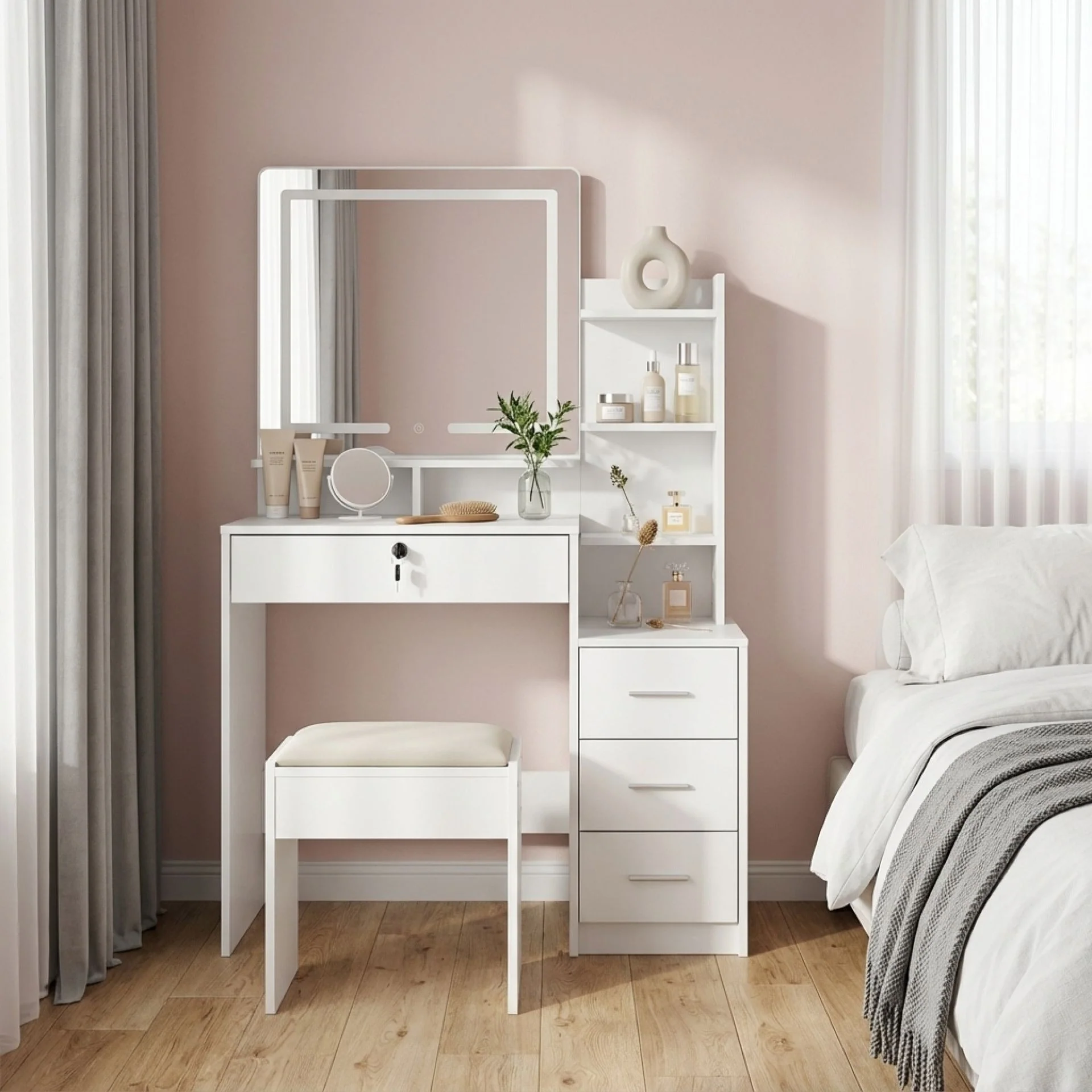 Gardenia 2 Piece Dressing Table with Mirror & Stool Set - White - Image 5