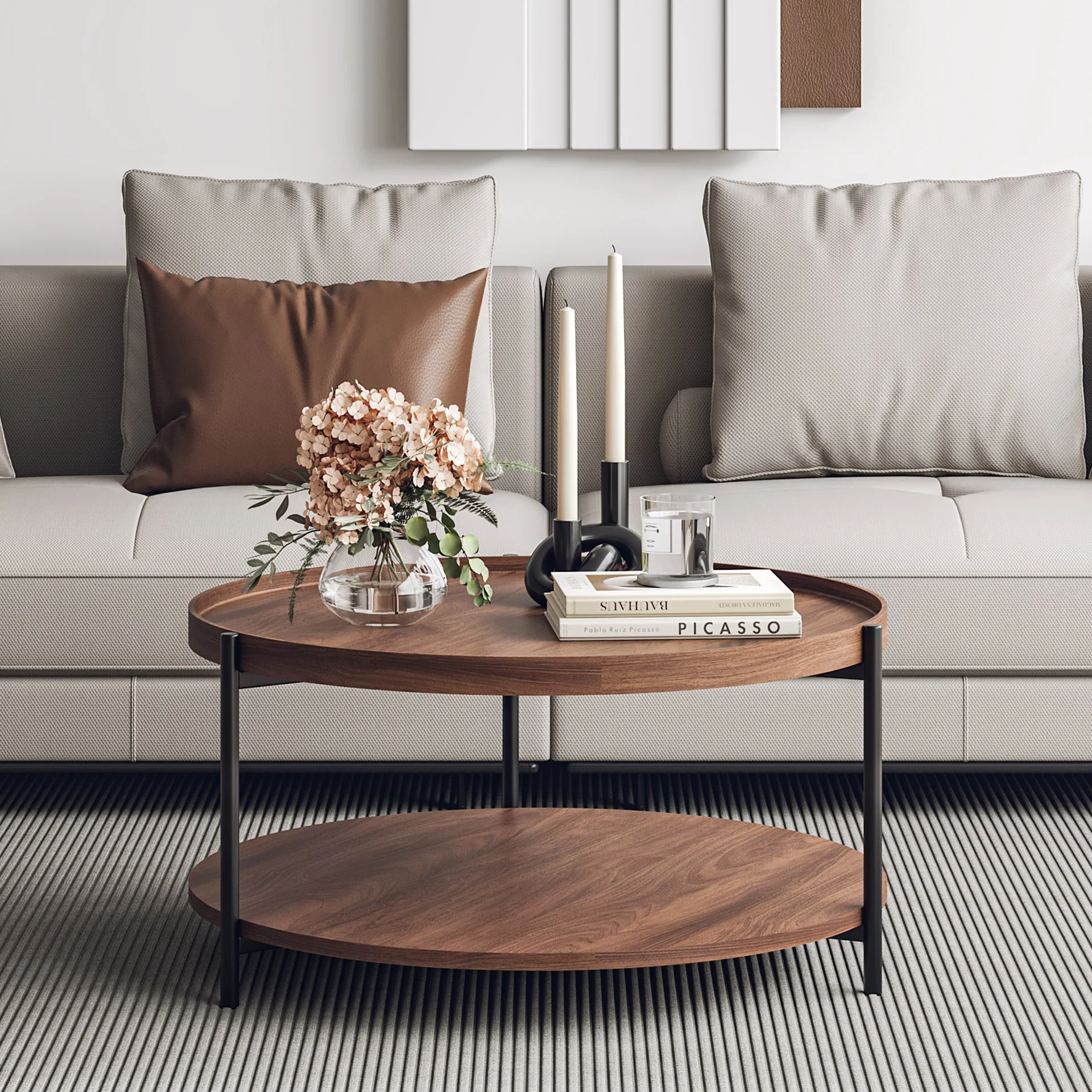 Gaylen Round Coffee Table 80cm - Brown + Black