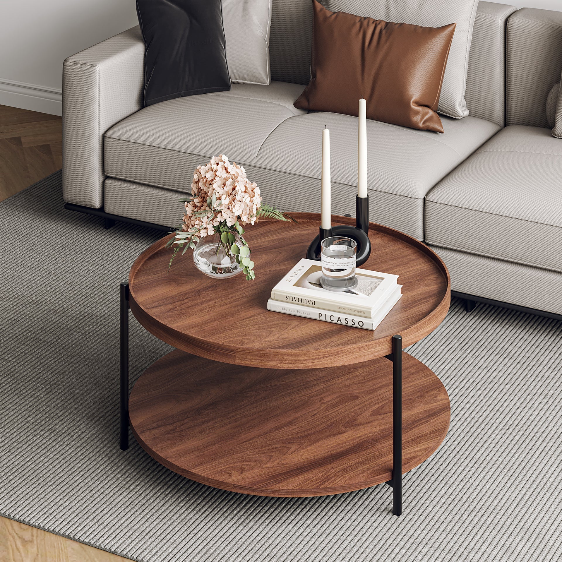 Gaylen Round Coffee Table 80cm - Brown + Black - Image 2