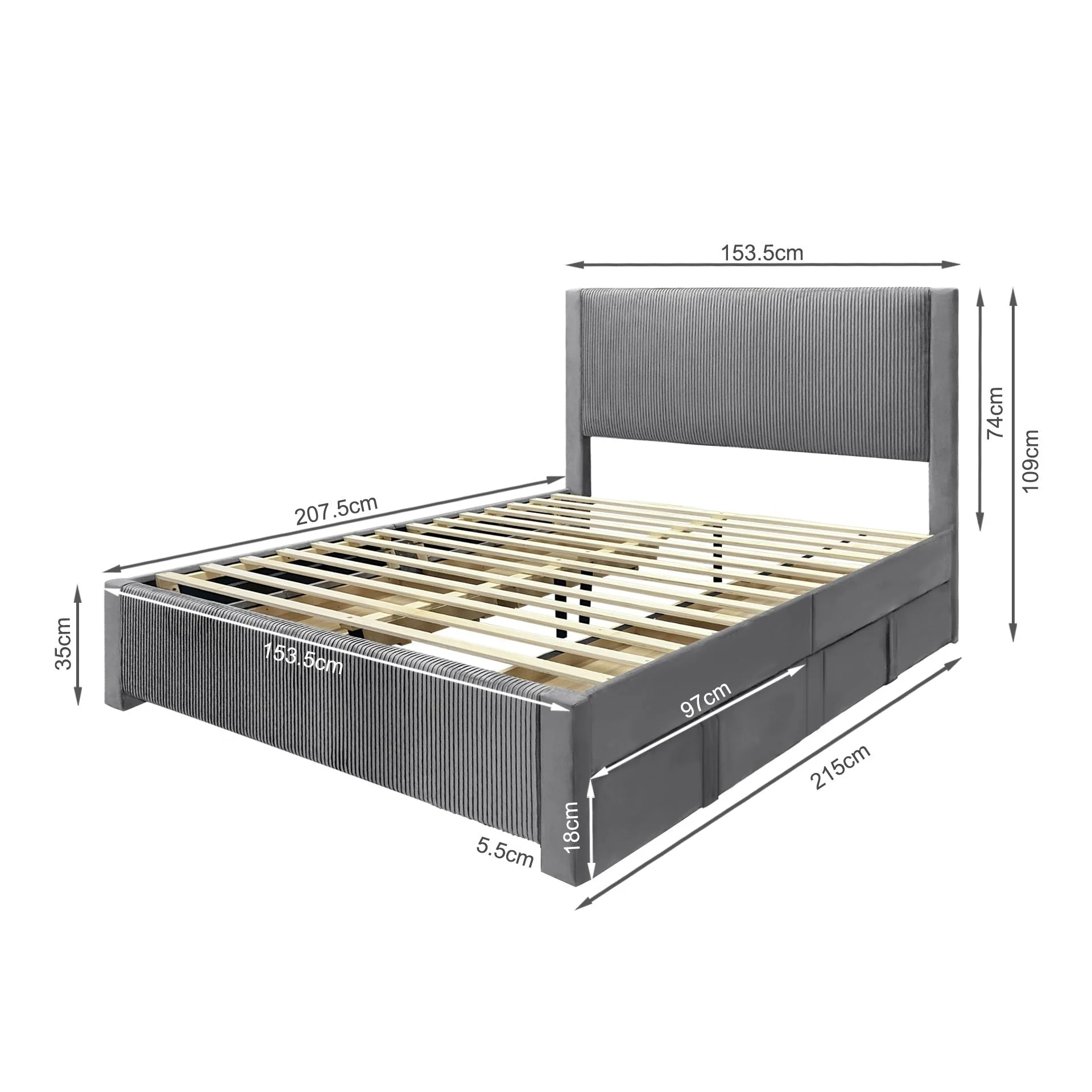 Gower Velvet Queen Bed Frame with 4 Drawers - Grey - Image 13