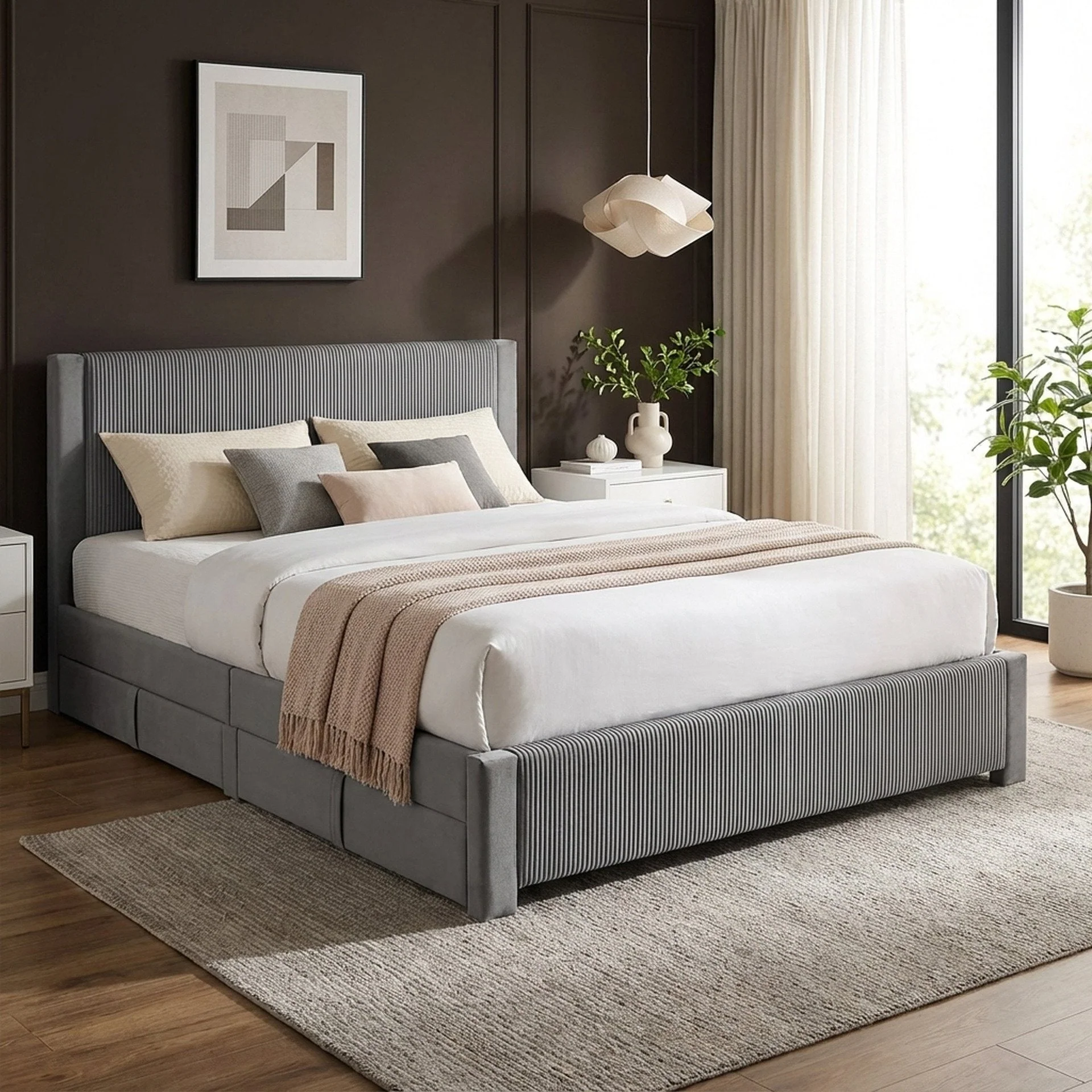 Gower Velvet Super King Bed Frame with 4 Drawers - Grey - Image 3