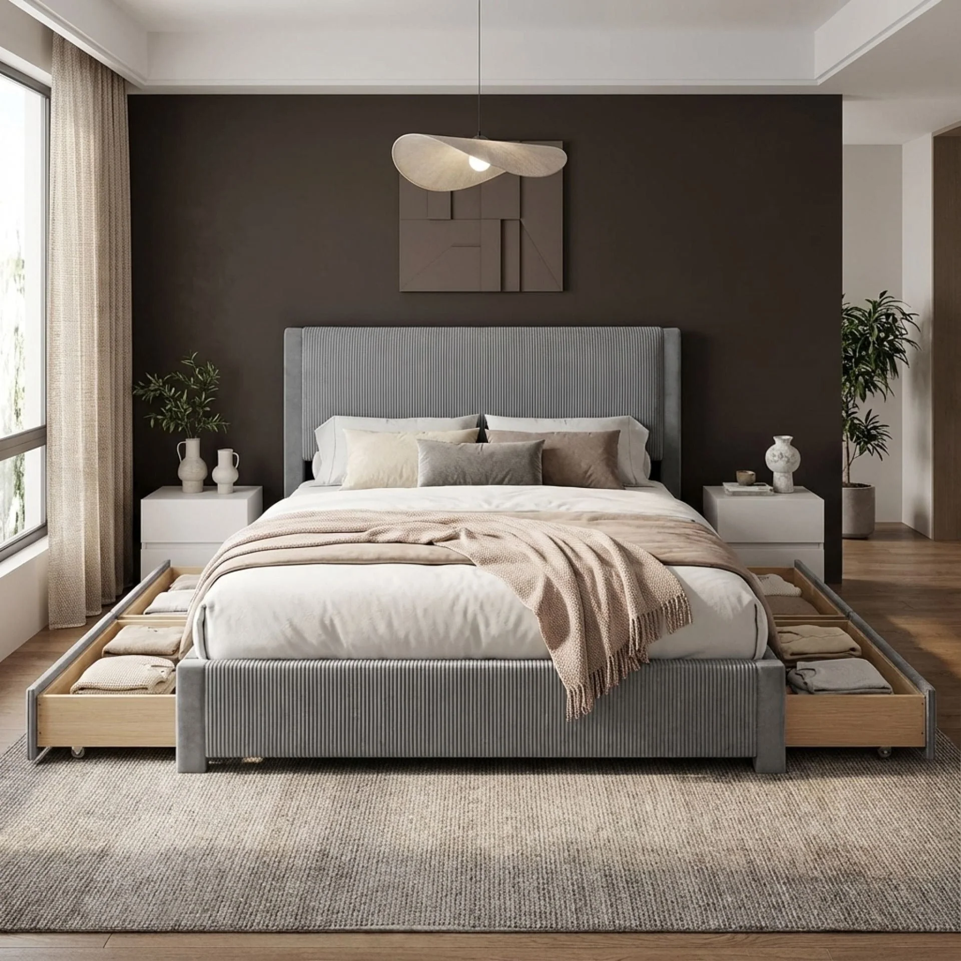 Gower Velvet Super King Bed Frame with 4 Drawers - Grey - Image 4
