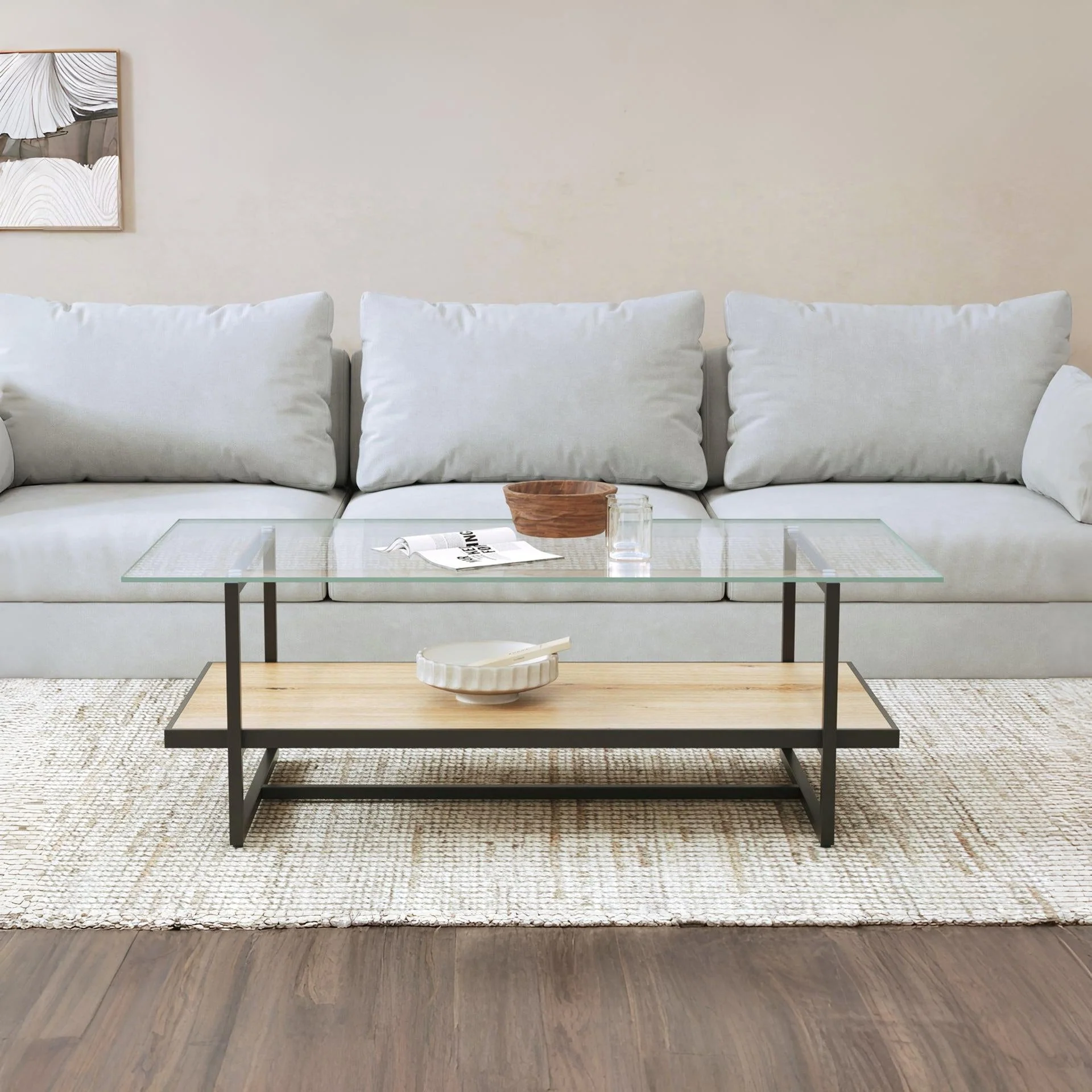 Hala Tempered Glass Top Coffee Table - Oak + Black