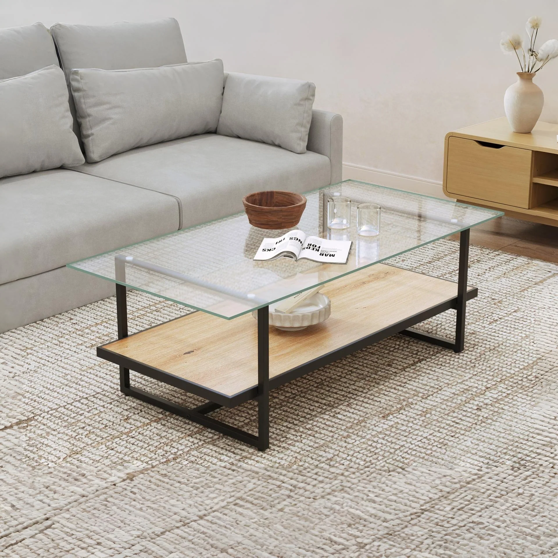 Hala Tempered Glass Top Coffee Table - Oak + Black - Image 2