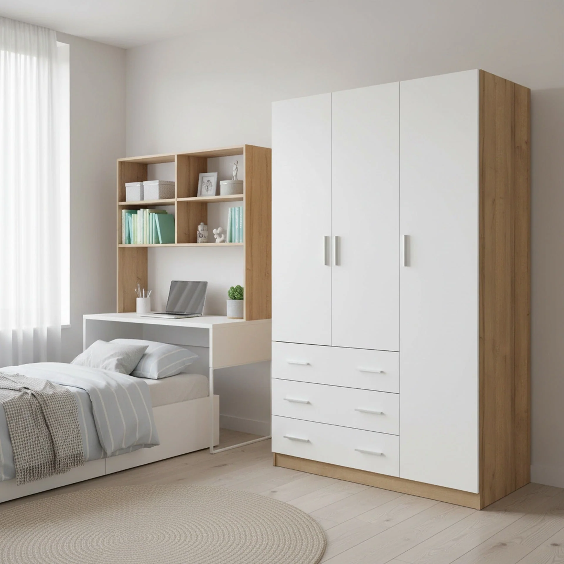 Harris 3 Door Wardrobe with 3 Drawers - Oak+White