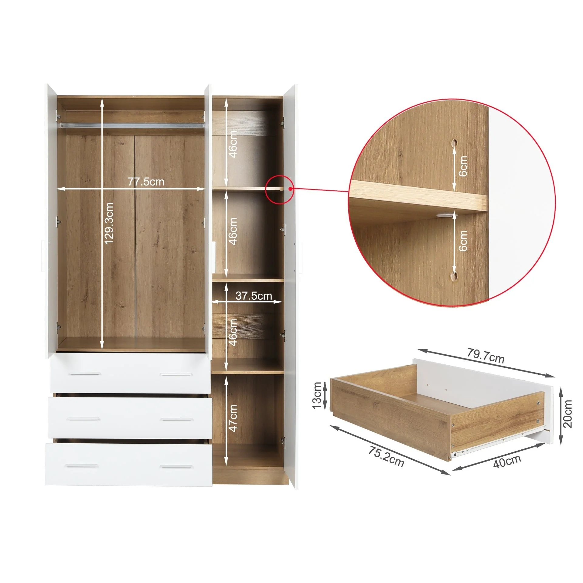 Harris 3 Door Wardrobe with 3 Drawers - Oak+White - Image 10