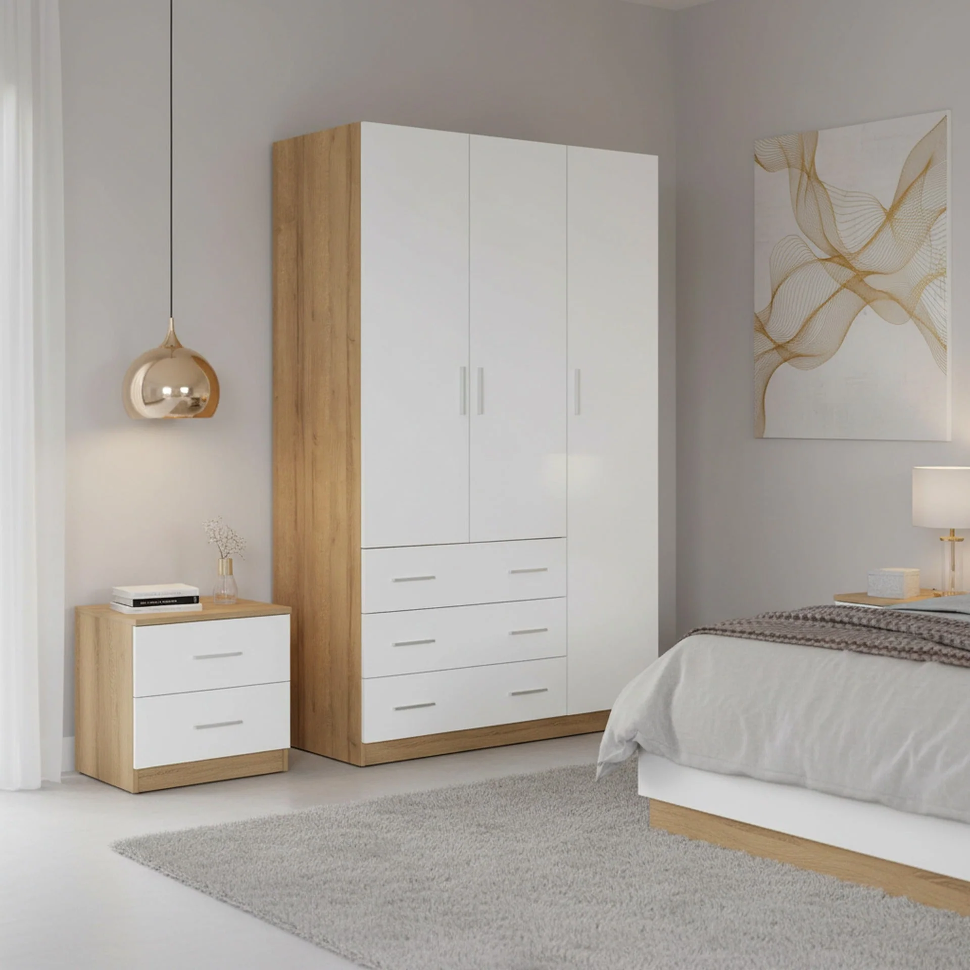 Harris 3 Door Wardrobe with 3 Drawers - Oak+White - Image 2