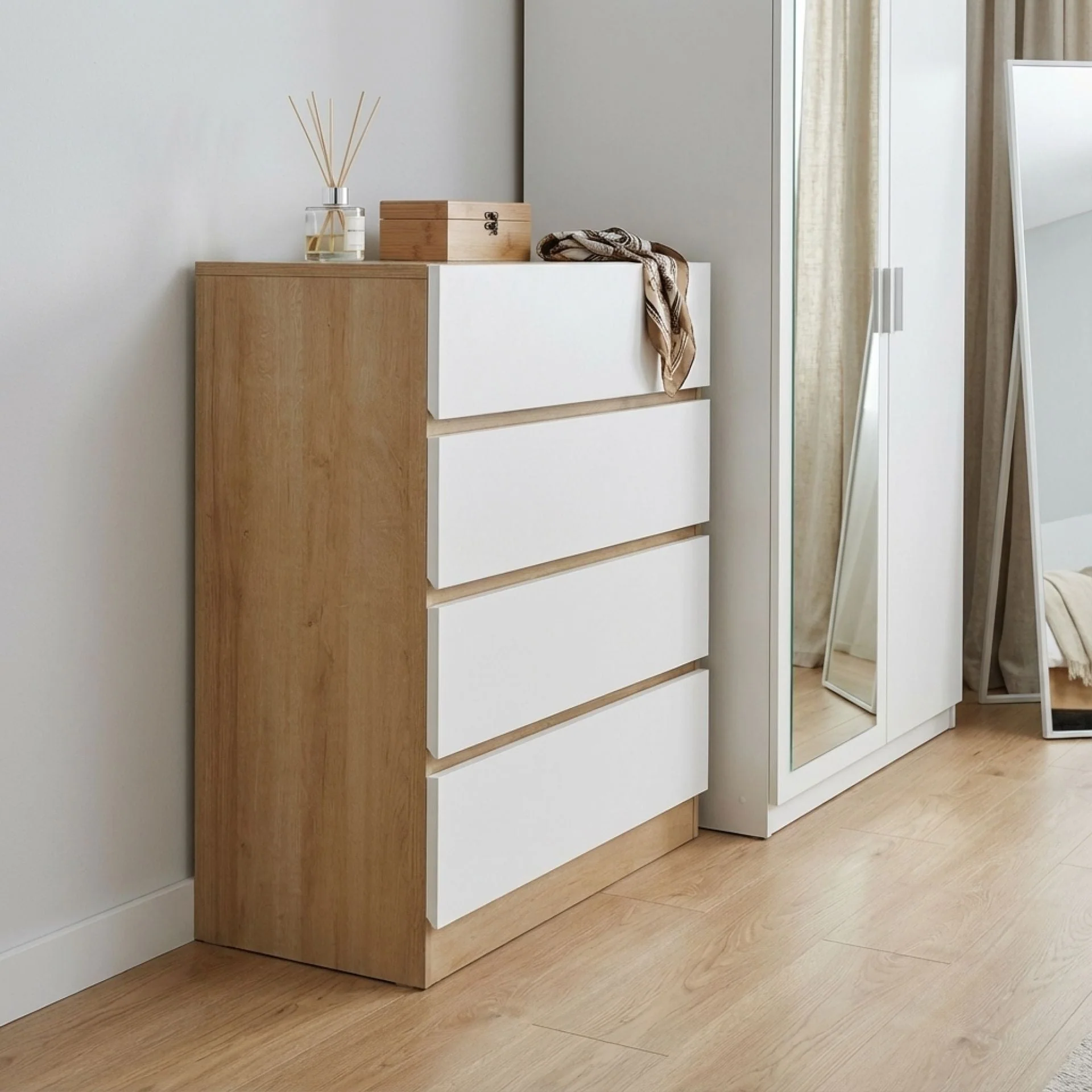 Harris 4 Drawers Tallboy - Oak + White - Image 3