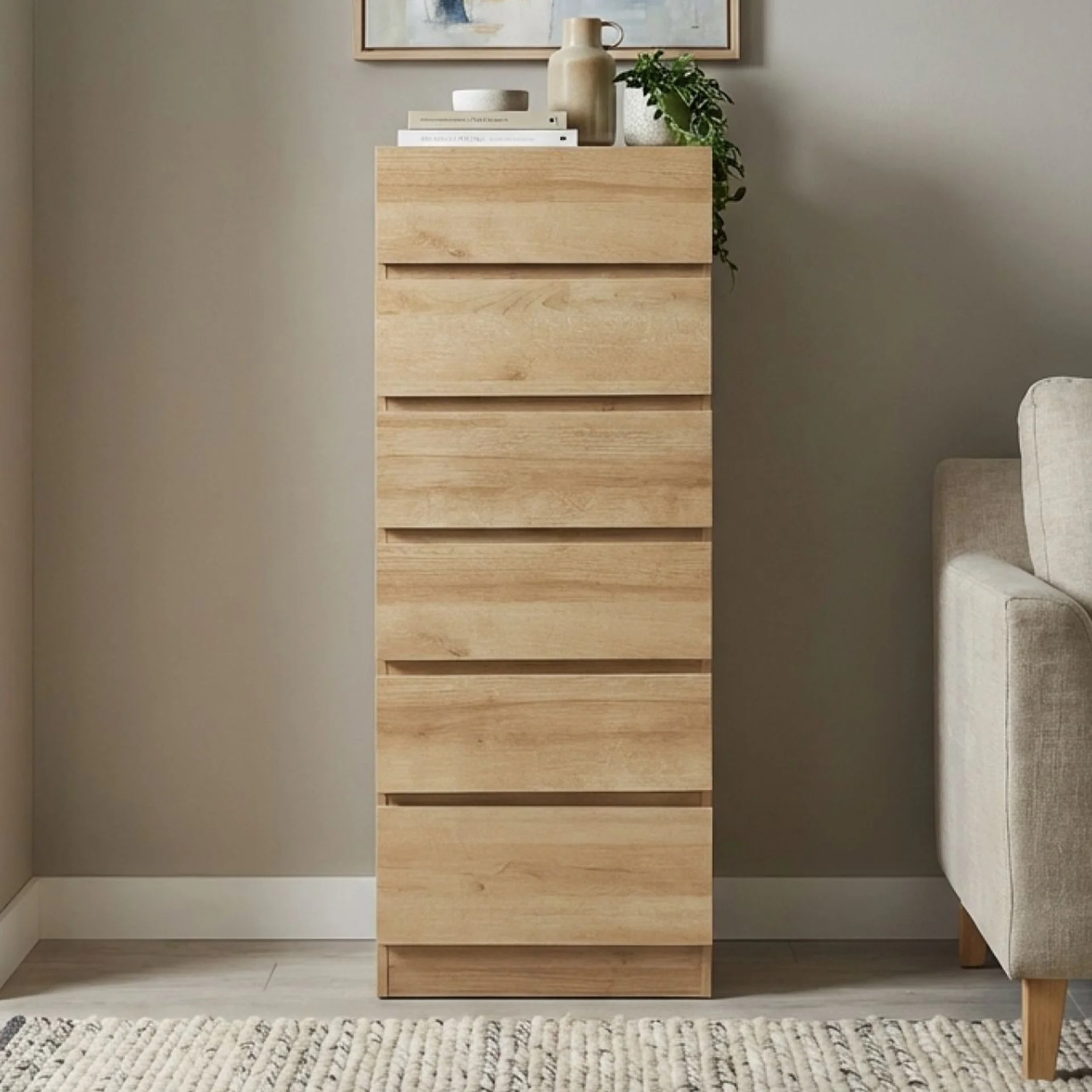 Harris 6 Drawers Slim Tallboy - Oak - Image 4