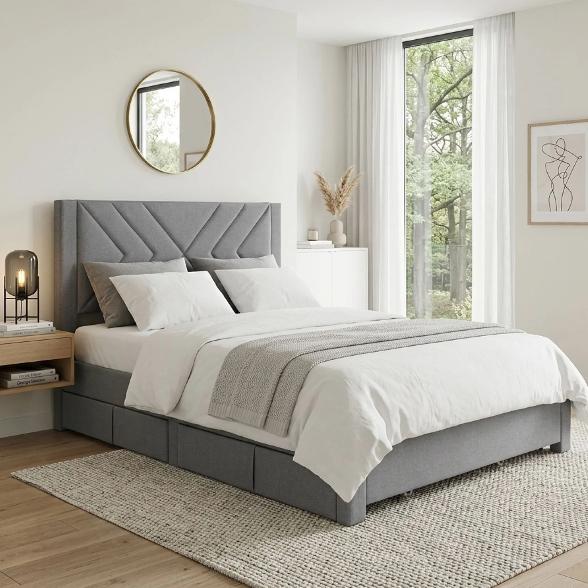 Haydon Double Fabric Bed Frame with 4 Drawers - Light Grey