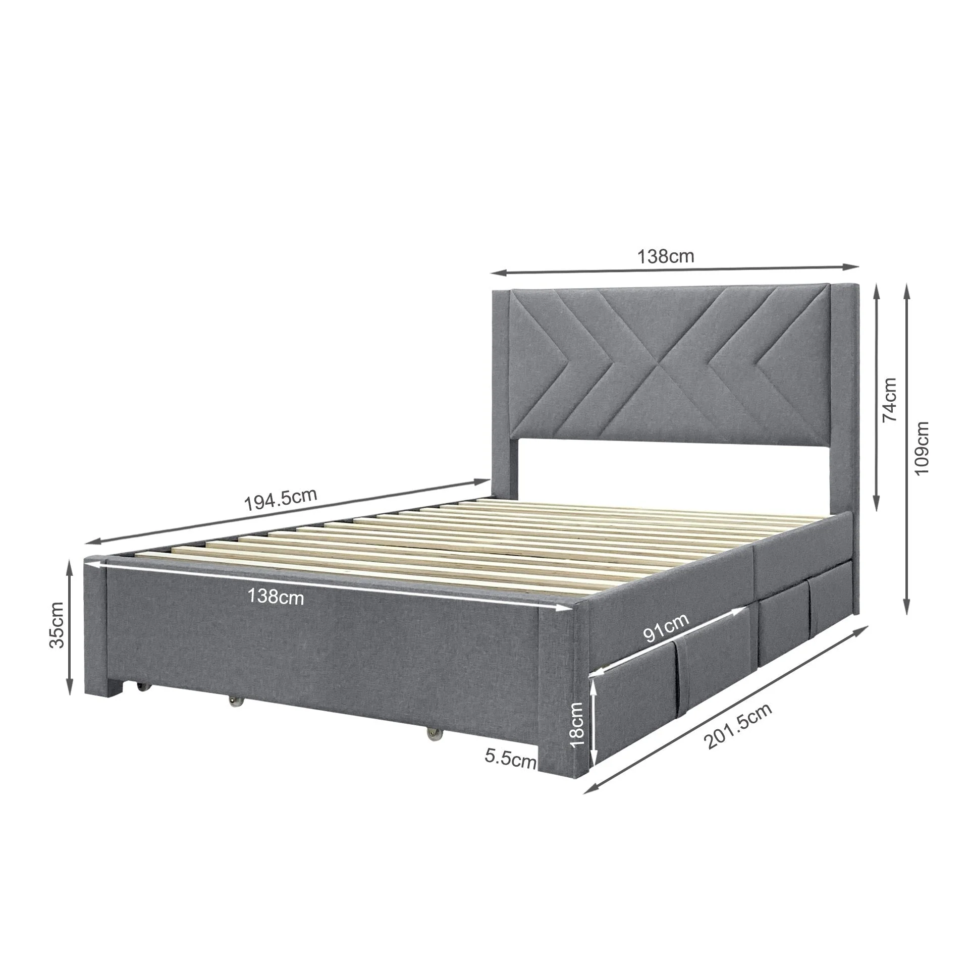 Haydon Double Fabric Bed Frame with 4 Drawers - Light Grey - Image 15