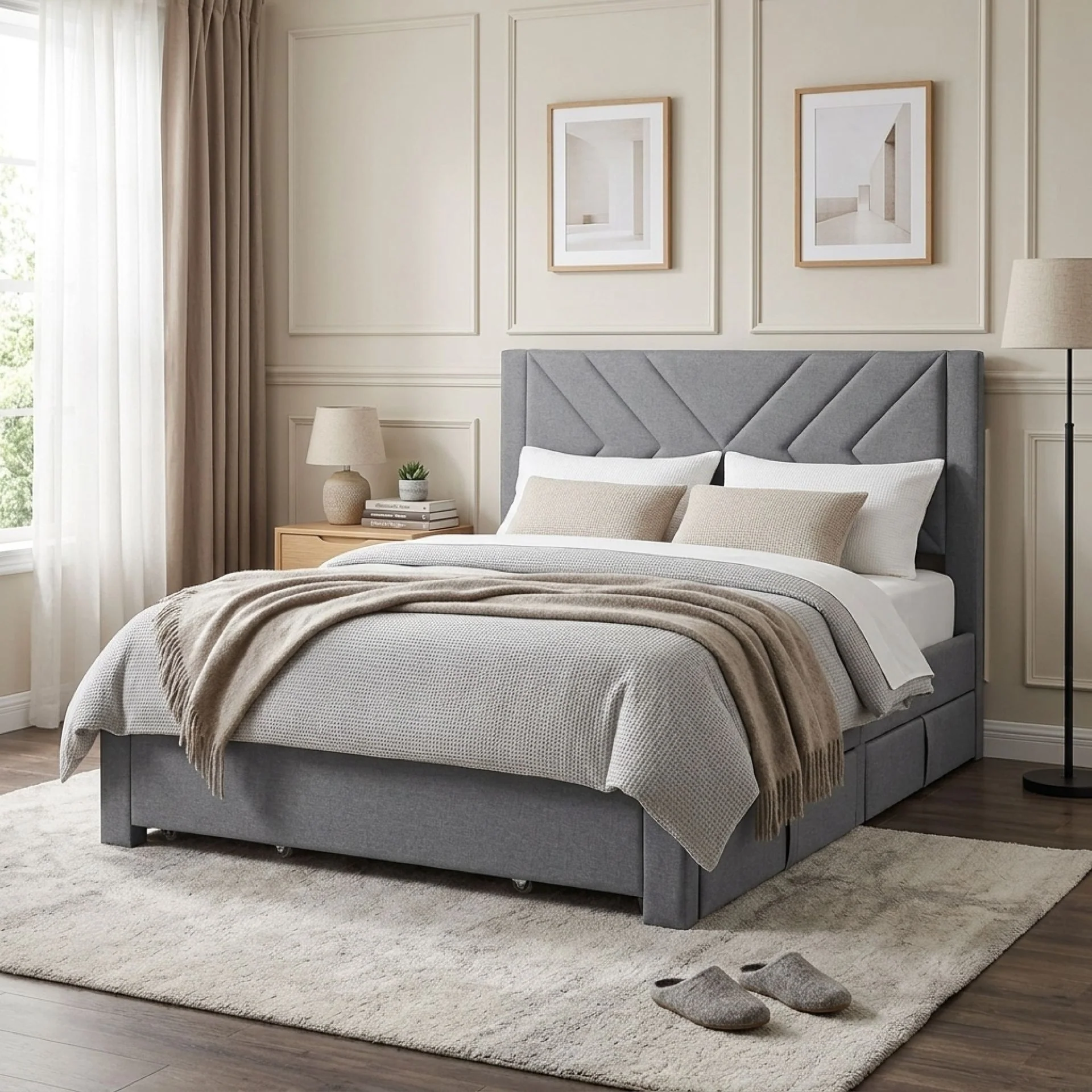 Haydon Double Fabric Bed Frame with 4 Drawers - Light Grey - Image 3
