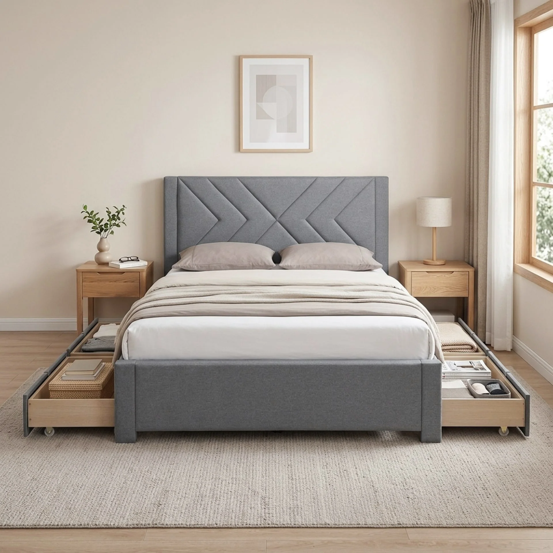Haydon Double Fabric Bed Frame with 4 Drawers - Light Grey - Image 5