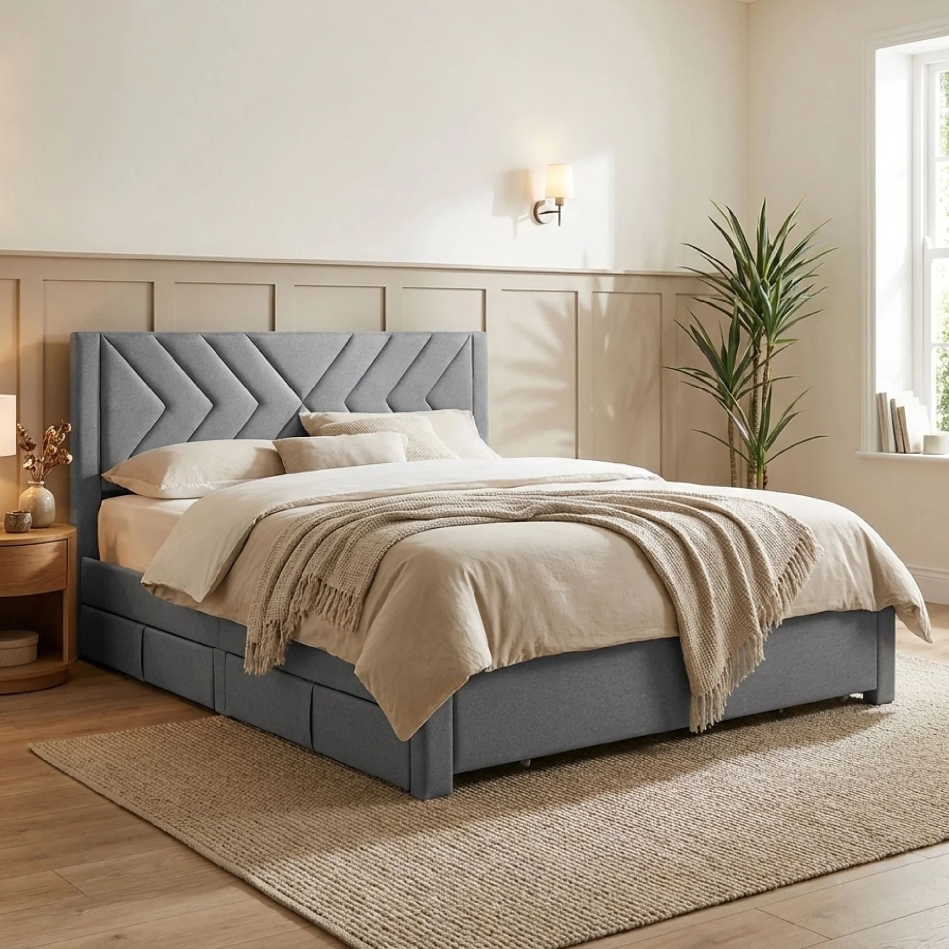 Haydon Super King Fabric Bed Frame with 4 Drawers - Light Grey