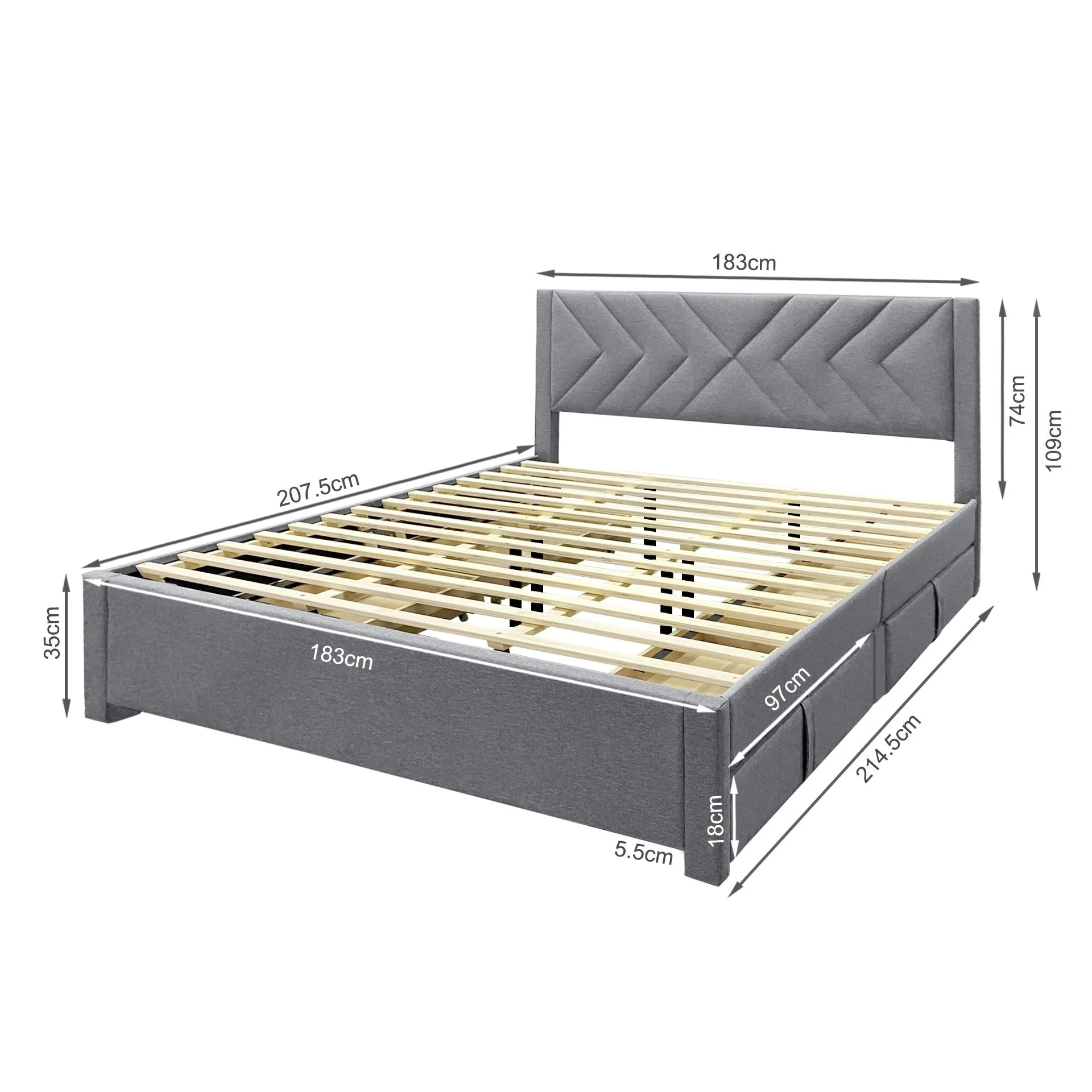 Haydon Super King Fabric Bed Frame with 4 Drawers - Light Grey - Image 12