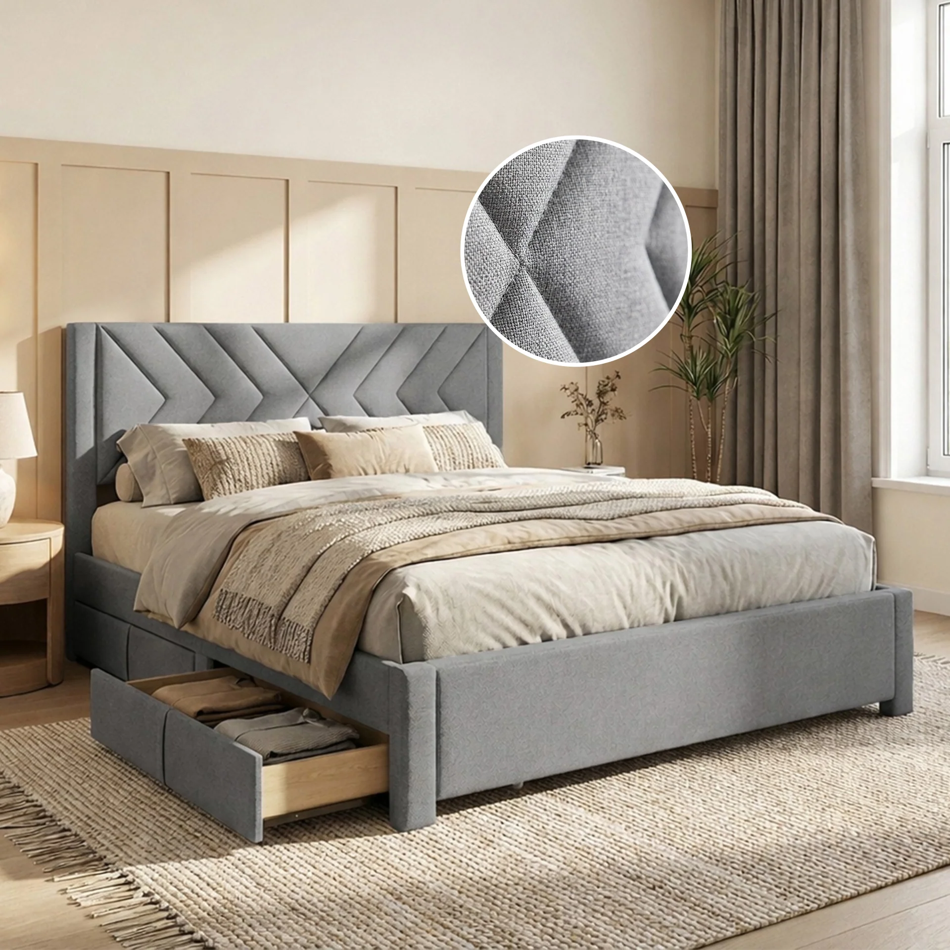 Haydon Super King Fabric Bed Frame with 4 Drawers - Light Grey - Image 2