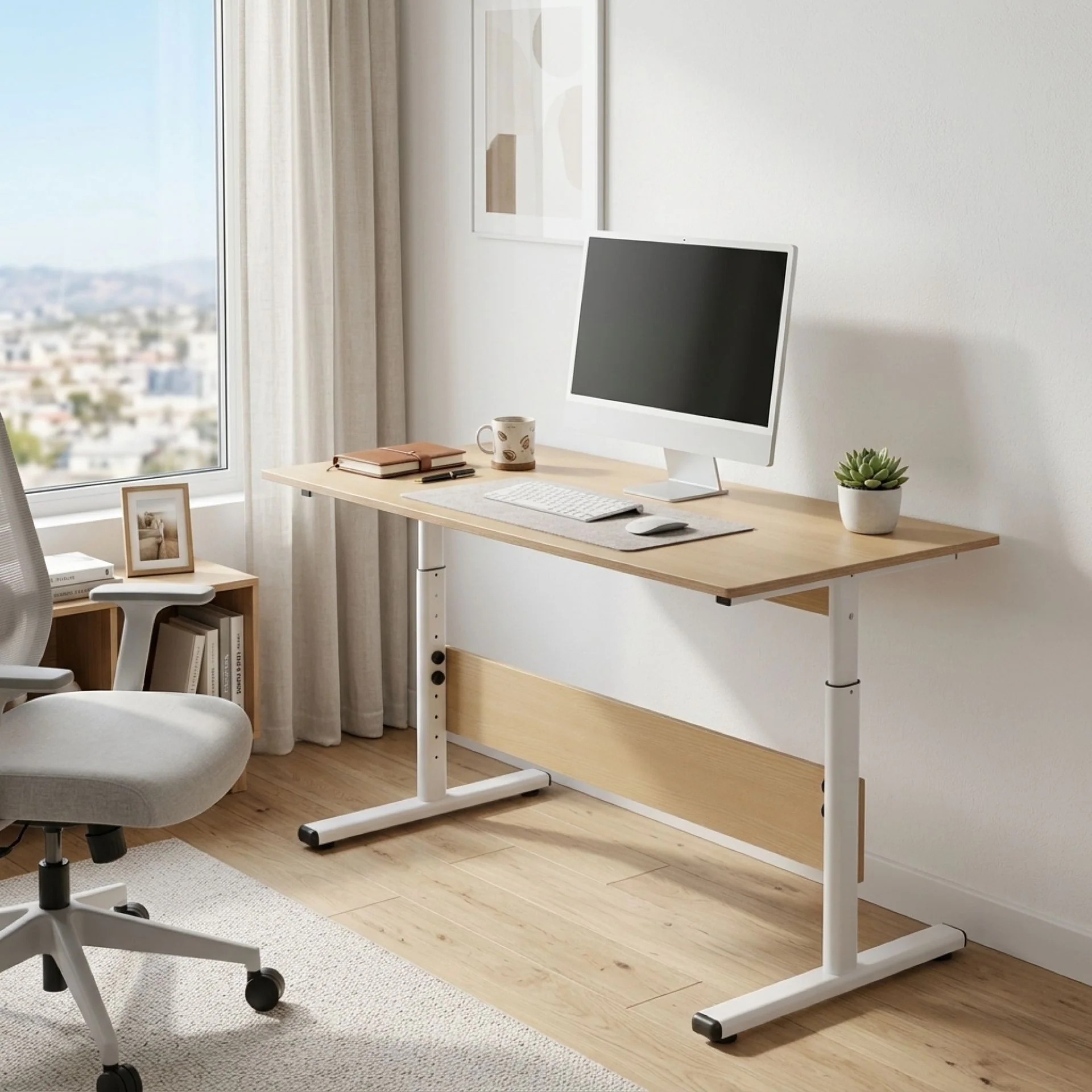 Hector 140cm Height-Adjustable Computer Desk - Maple + White - Image 3