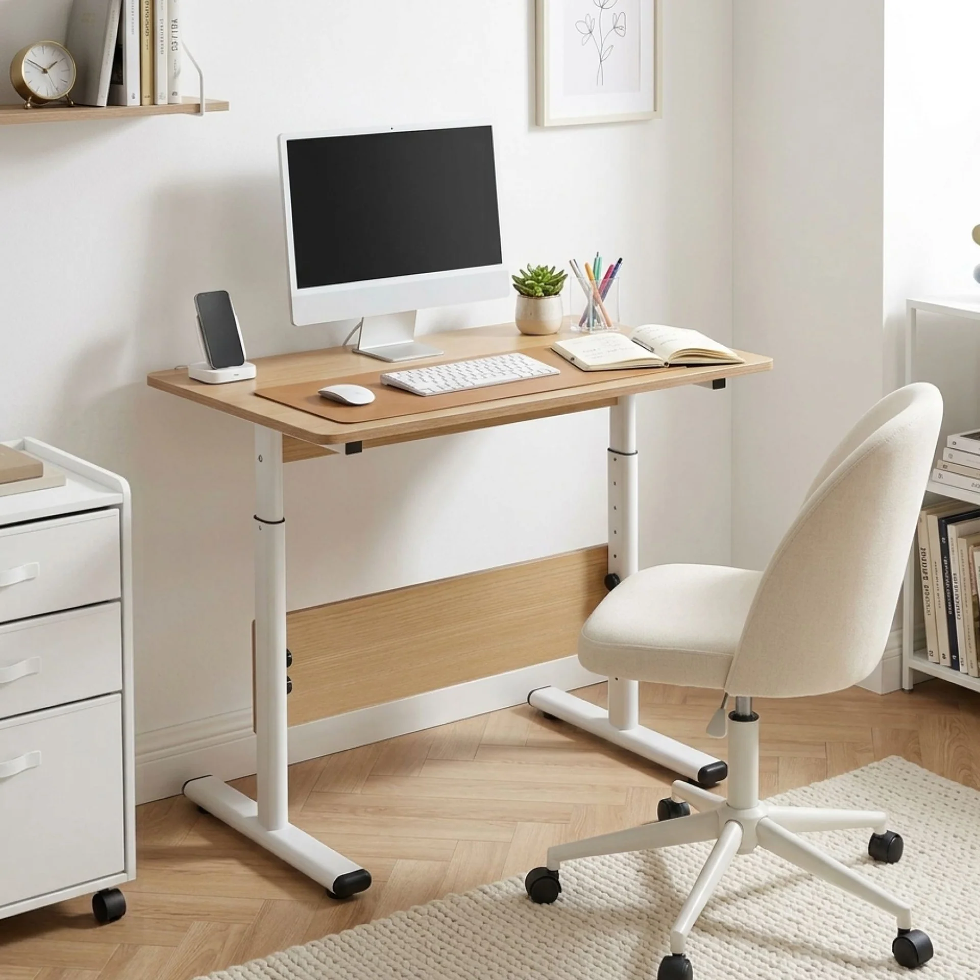 Hector 80cm Height-Adjustable Computer Desk - Maple + White - Image 3