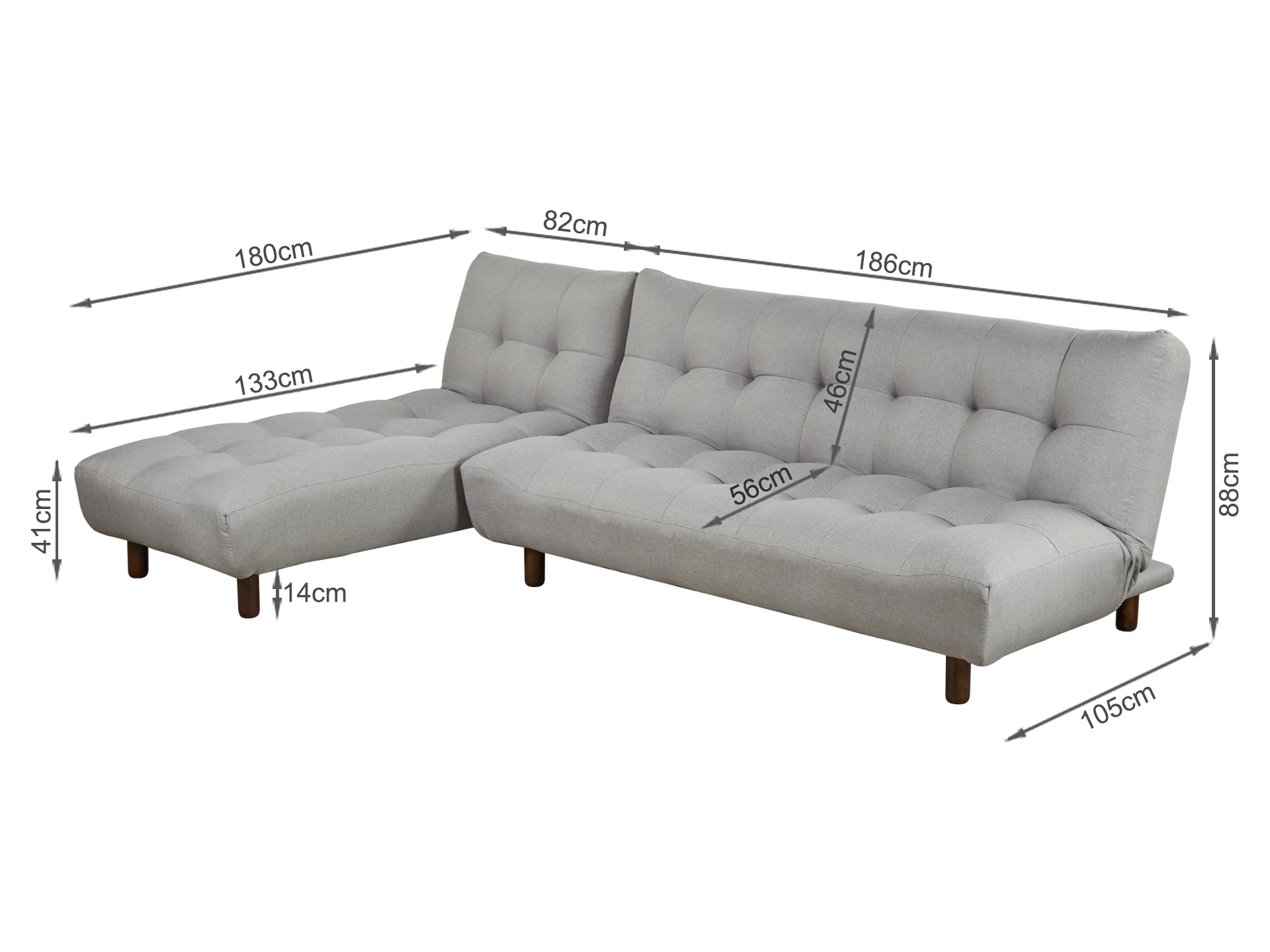 HELENA 3 Seater Fabric Sofa Bed Futon with Chaise - LIGHT GREY - Image 9